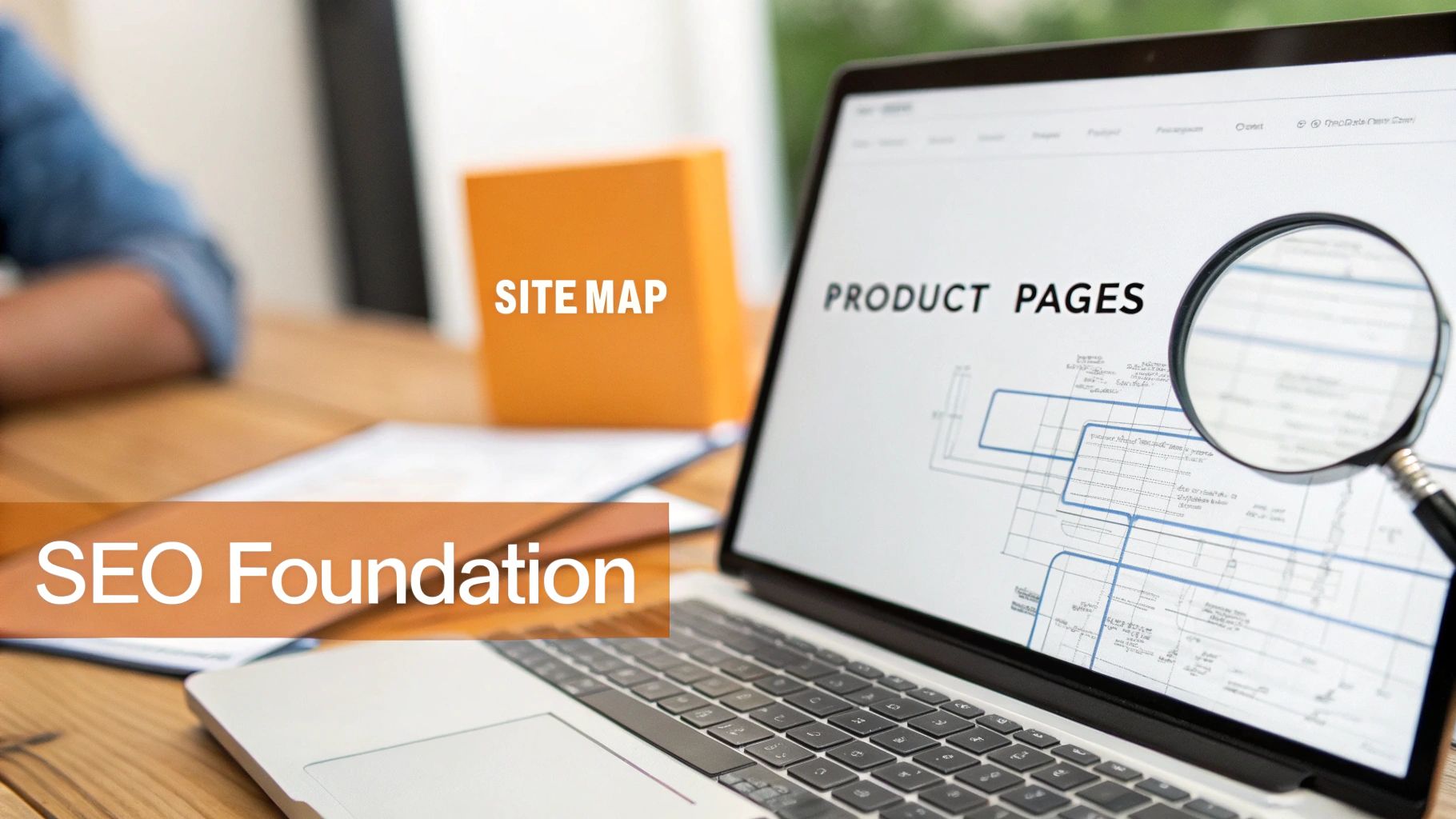 A laptop screen displays 'PRODUCT PAGES' and a sitemap, magnified, with text overlays 'SITE MAP' and 'SEO Foundation'.
