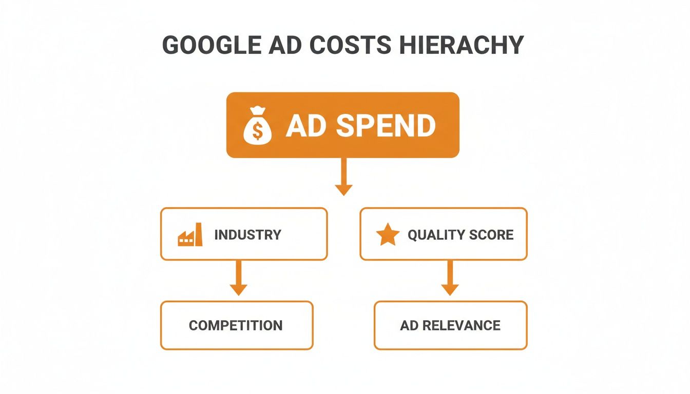 Hierarchy of Google Ad costs, including Ad Spend, Industry, Quality Score, Competition, and Ad Relevance.