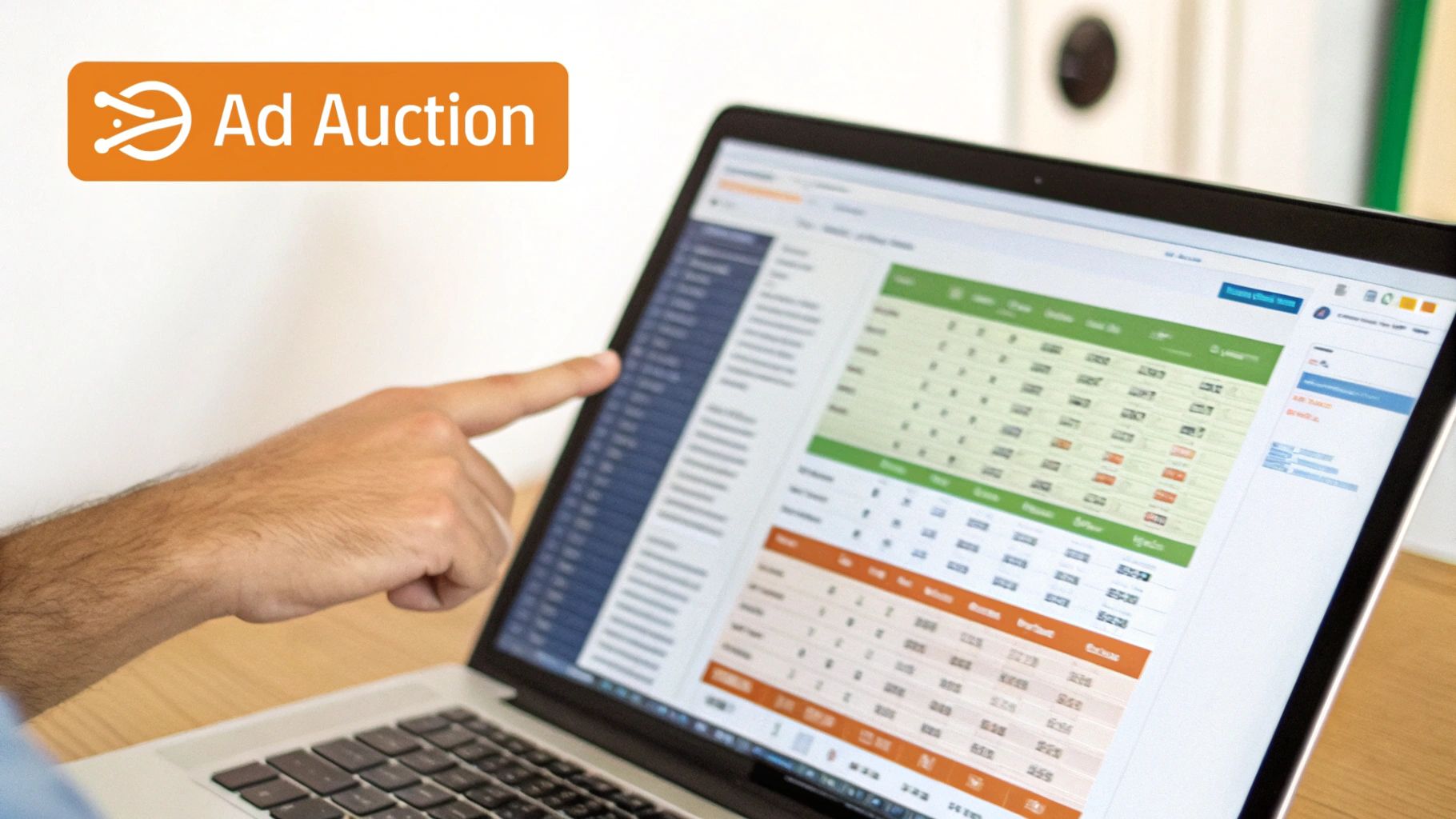 A person's hand pointing at a laptop screen showing data tables and an 'Ad Auction' banner.