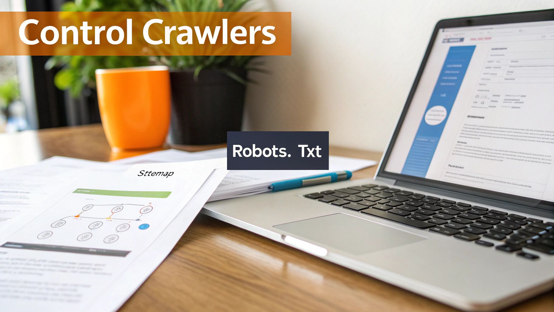SEO workspace with laptop, sitemap documents, and overlays 'Control Crawlers' and 'Robots. Txt' for web indexing.