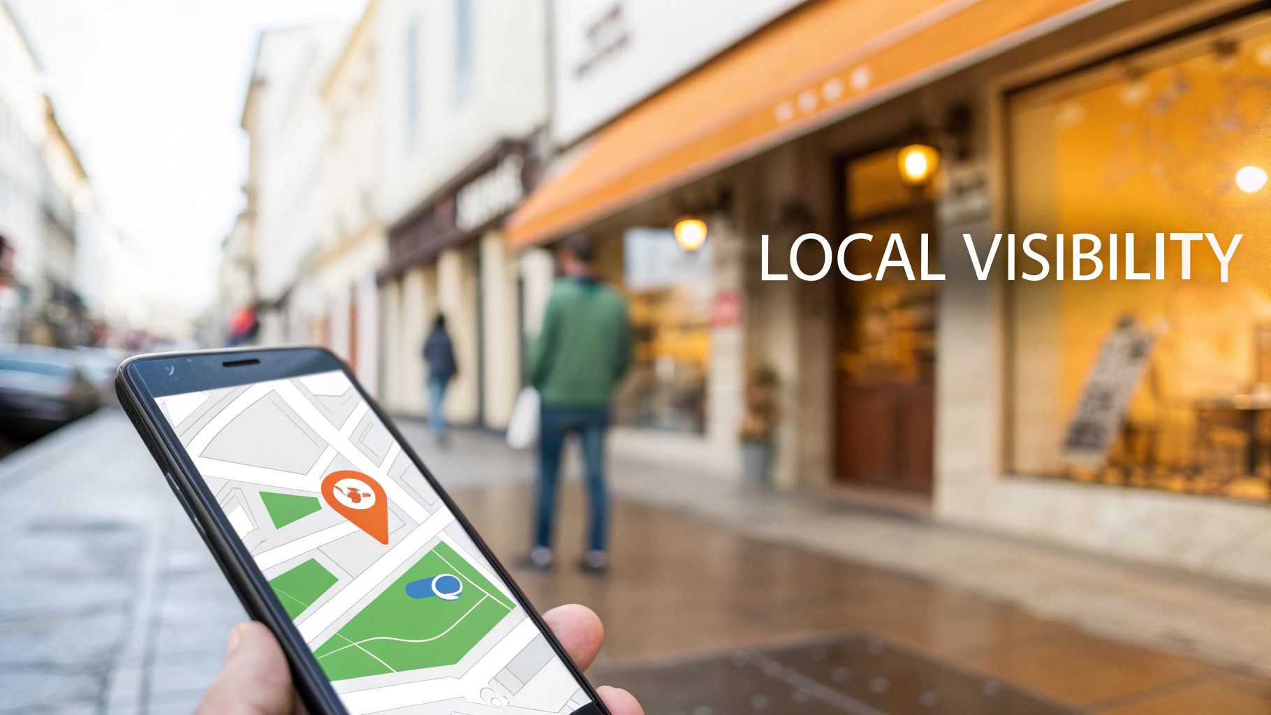 A person holds a smartphone displaying a map with a location pin, highlighting local business visibility.