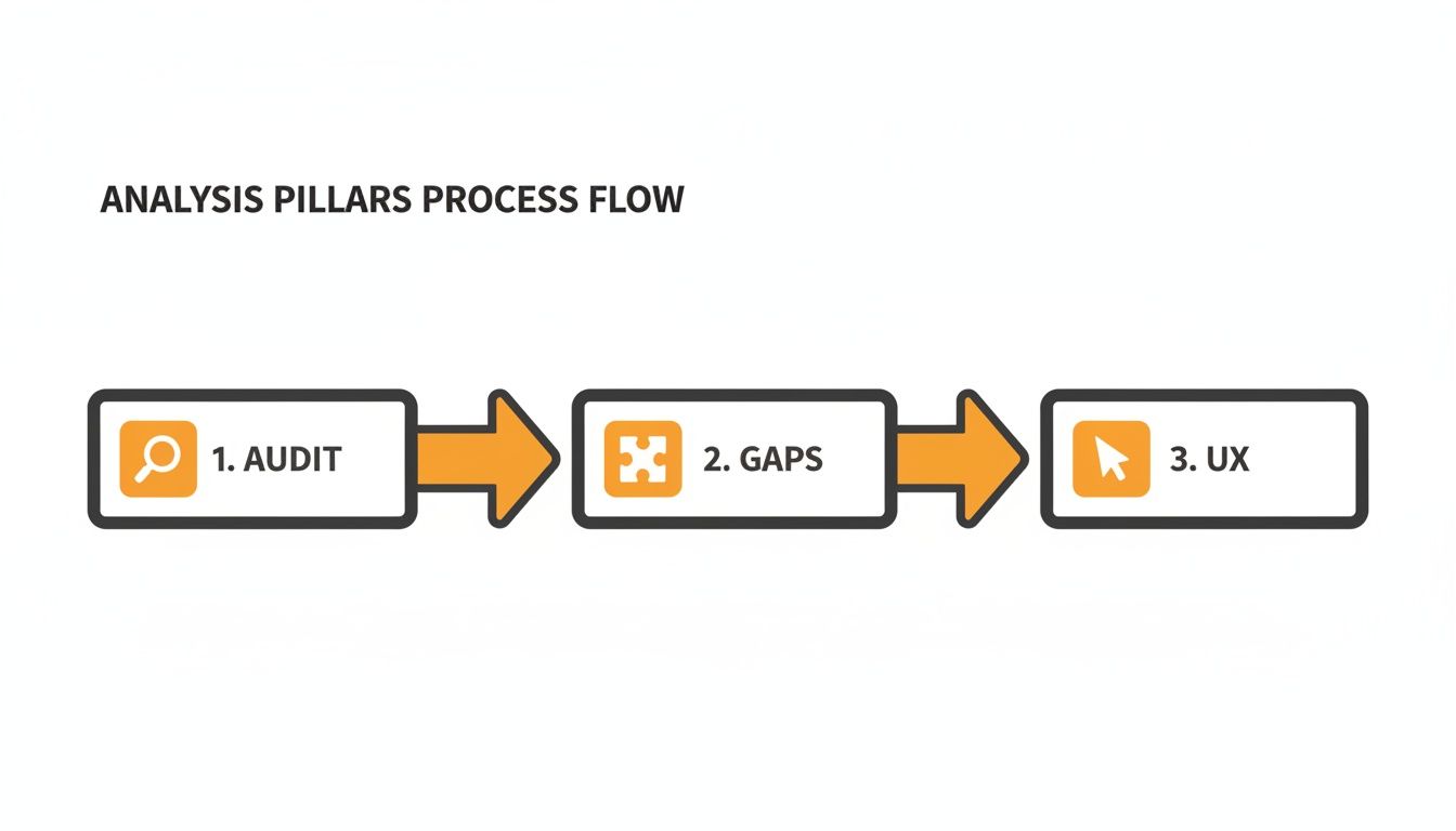 Process flow diagram illustrating three analysis pillars: Audit, Gaps, and UX, connected by arrows.