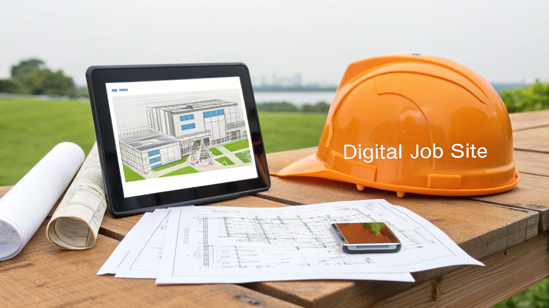 A digital job site setup with a tablet showing a 3D model, blueprints, a hard hat, and smartphone on a wooden table.