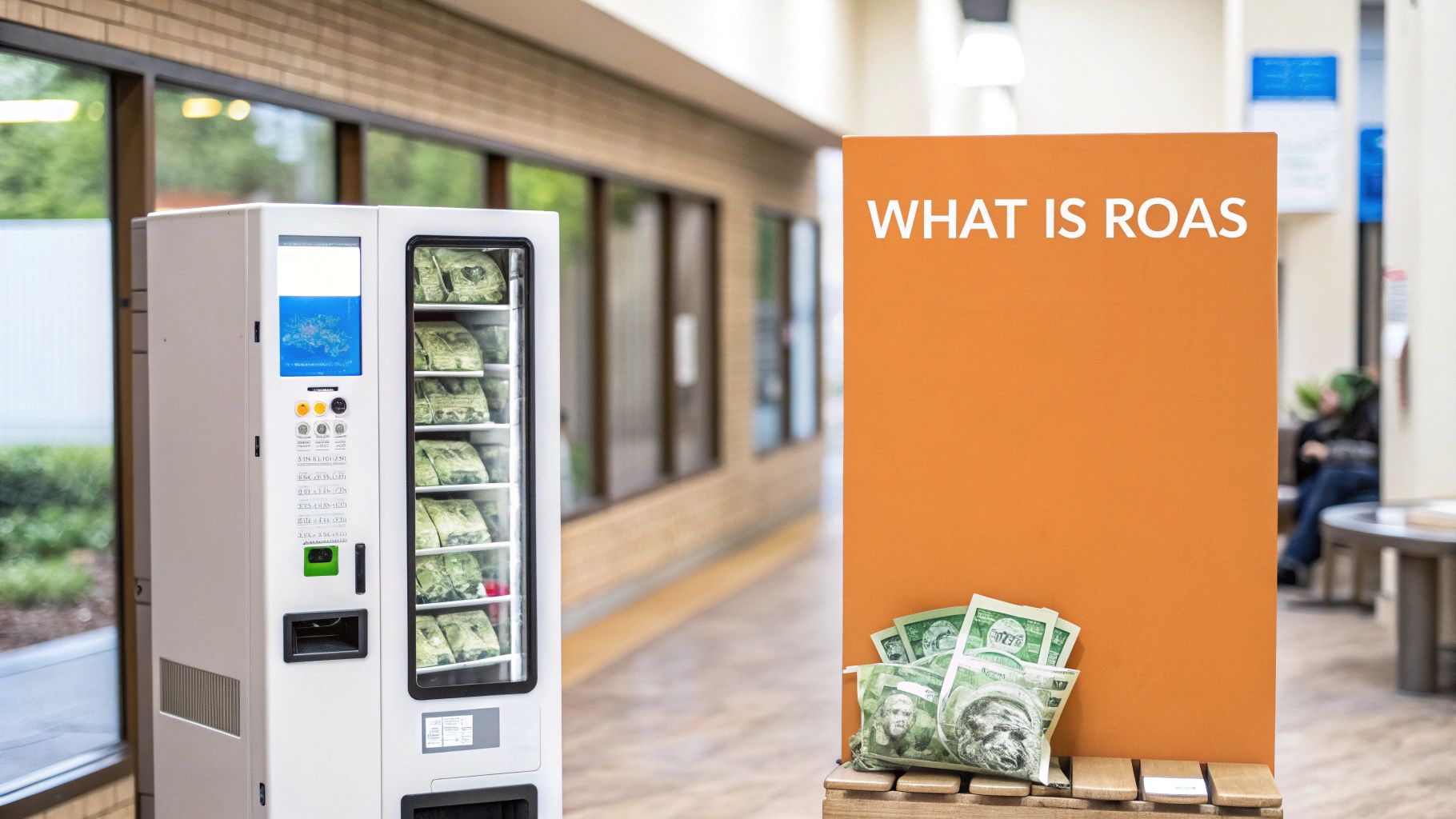 A white vending machine stands next to an orange sign asking 'WHAT IS ROAS,' with dollar bills scattered below.