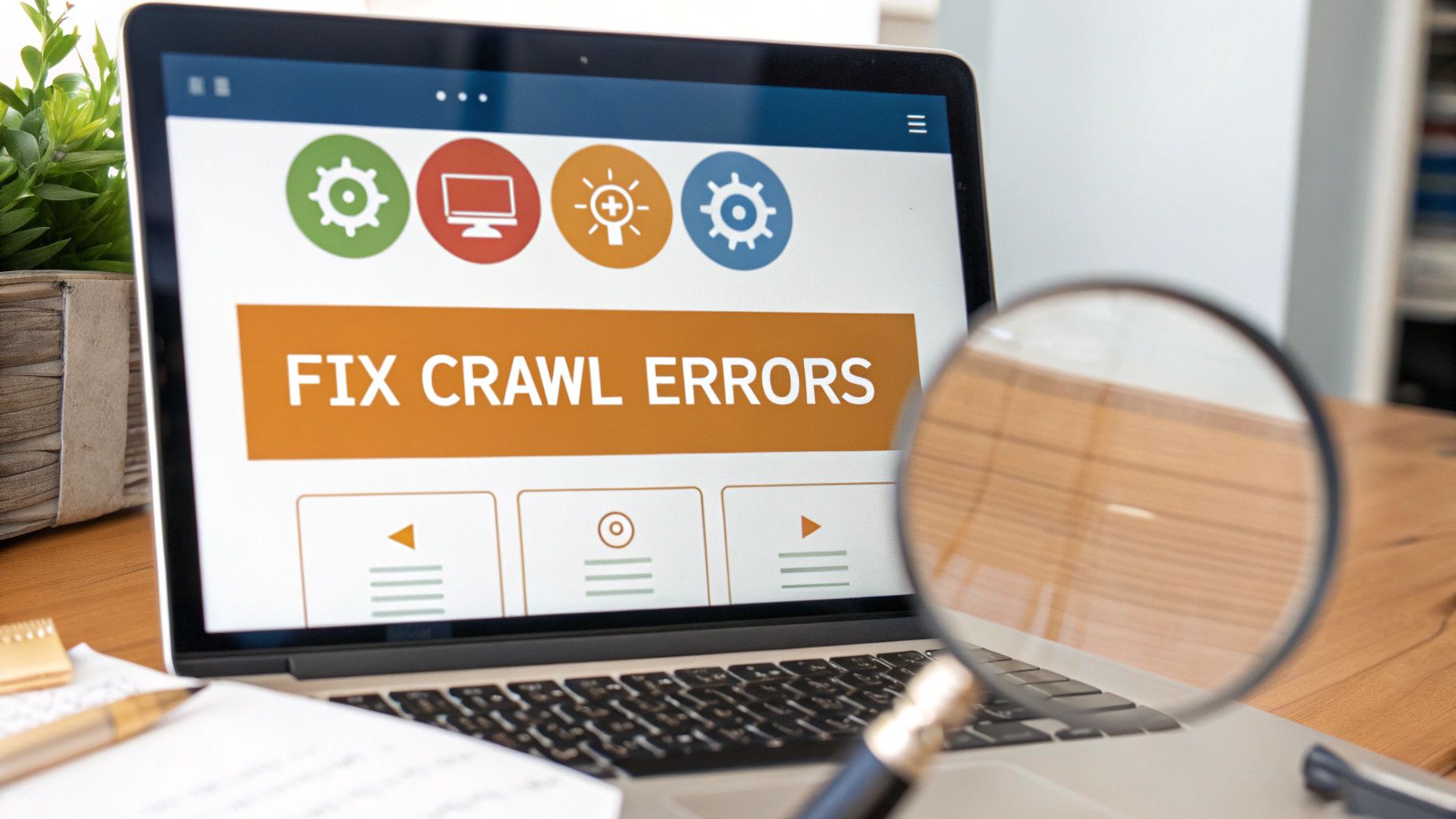 A laptop screen displays 'FIX CRAWL ERRORS' with various icons, overseen by a magnifying glass.