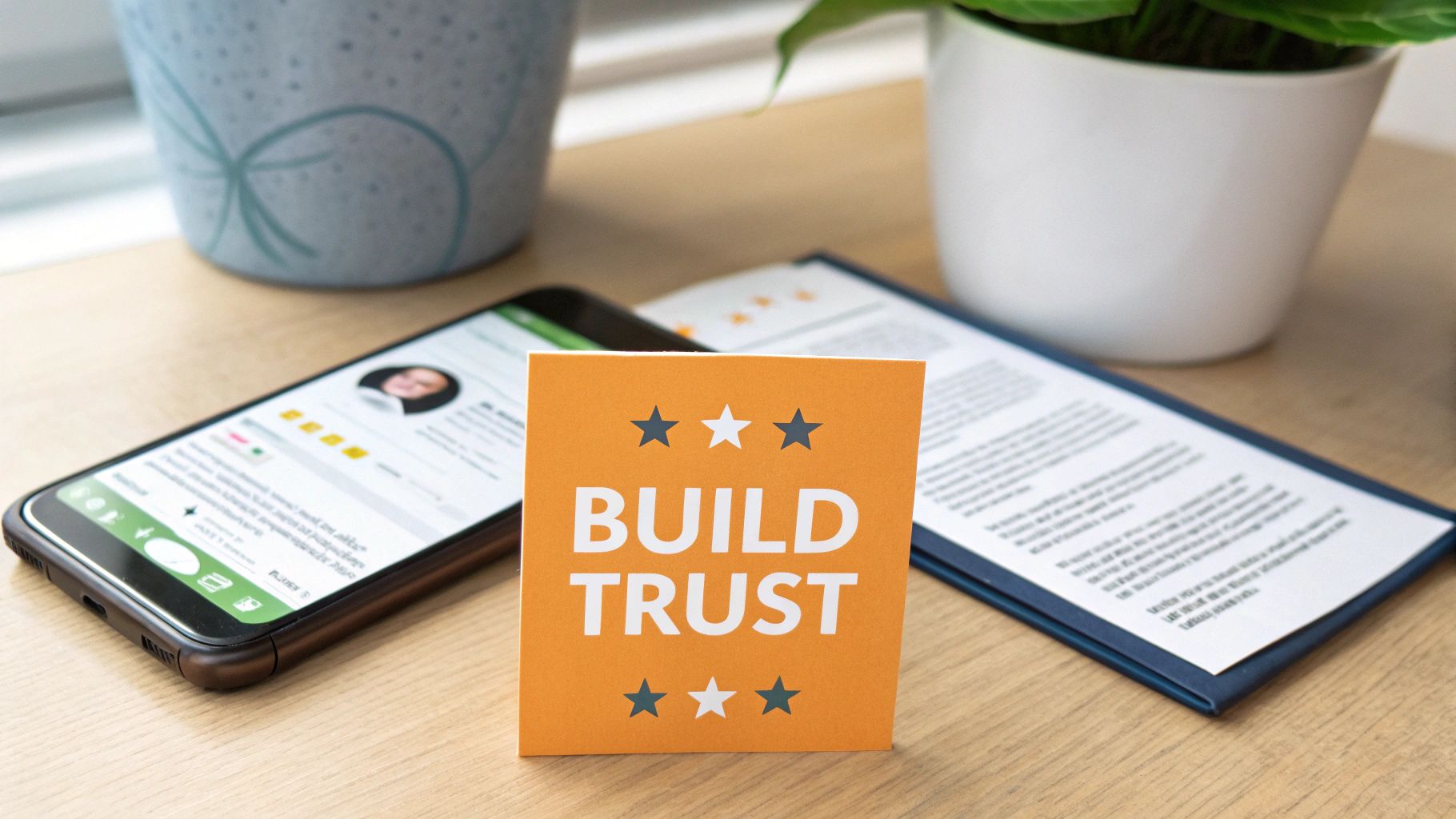 A smartphone displaying a therapist's profile, a 'BUILD TRUST' card, and documents on a wooden desk.