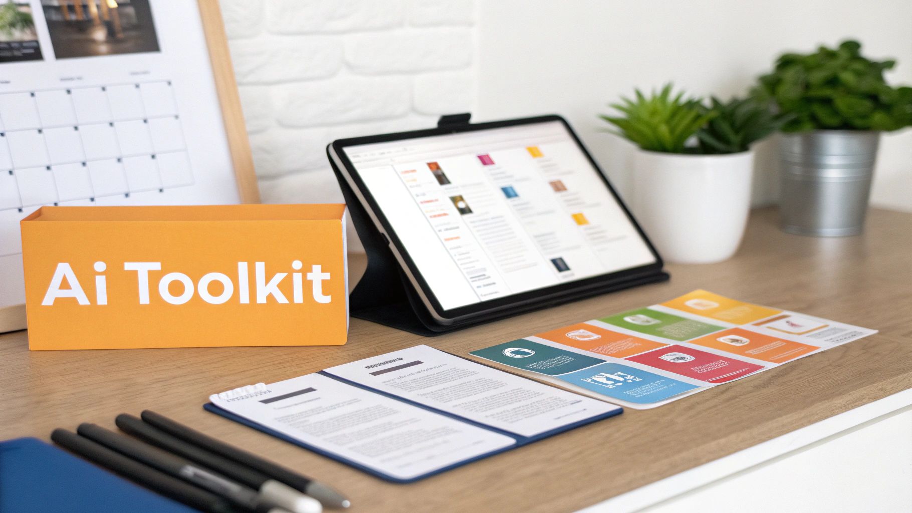 A modern desk with an 'Ai Toolkit' box, a tablet, documents, and plants, showcasing digital marketing resources.