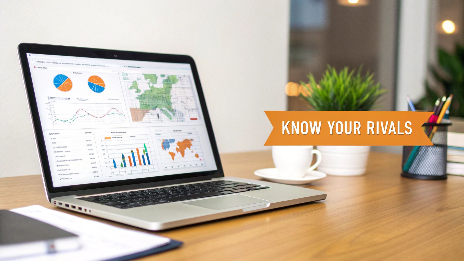 A laptop on a wooden desk displays business data visualizations, with a 'KNOW YOUR RIVALS' banner.