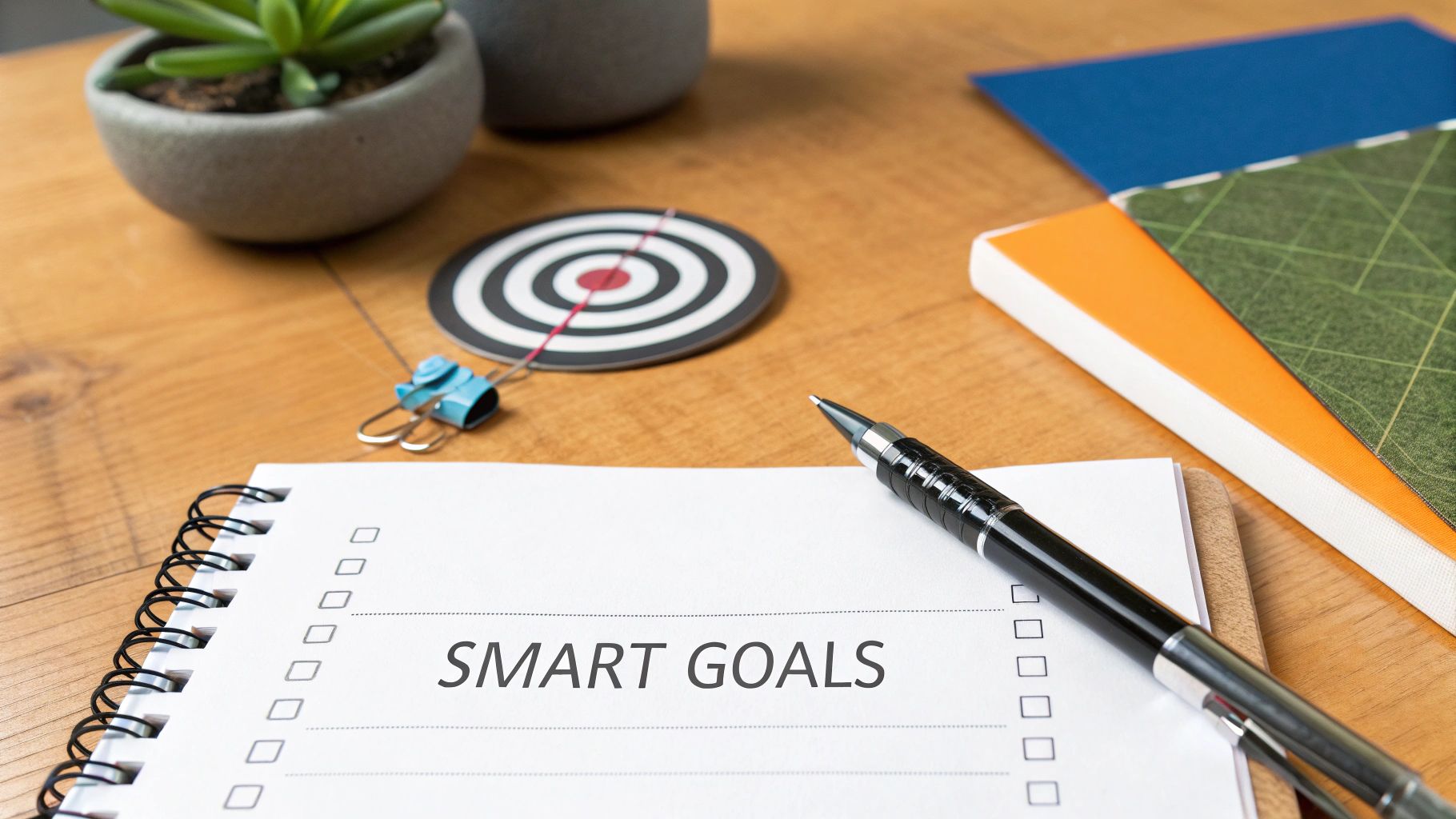 A notebook displaying 'SMART GOALS' with a pen, target, and plant on a wooden desk.