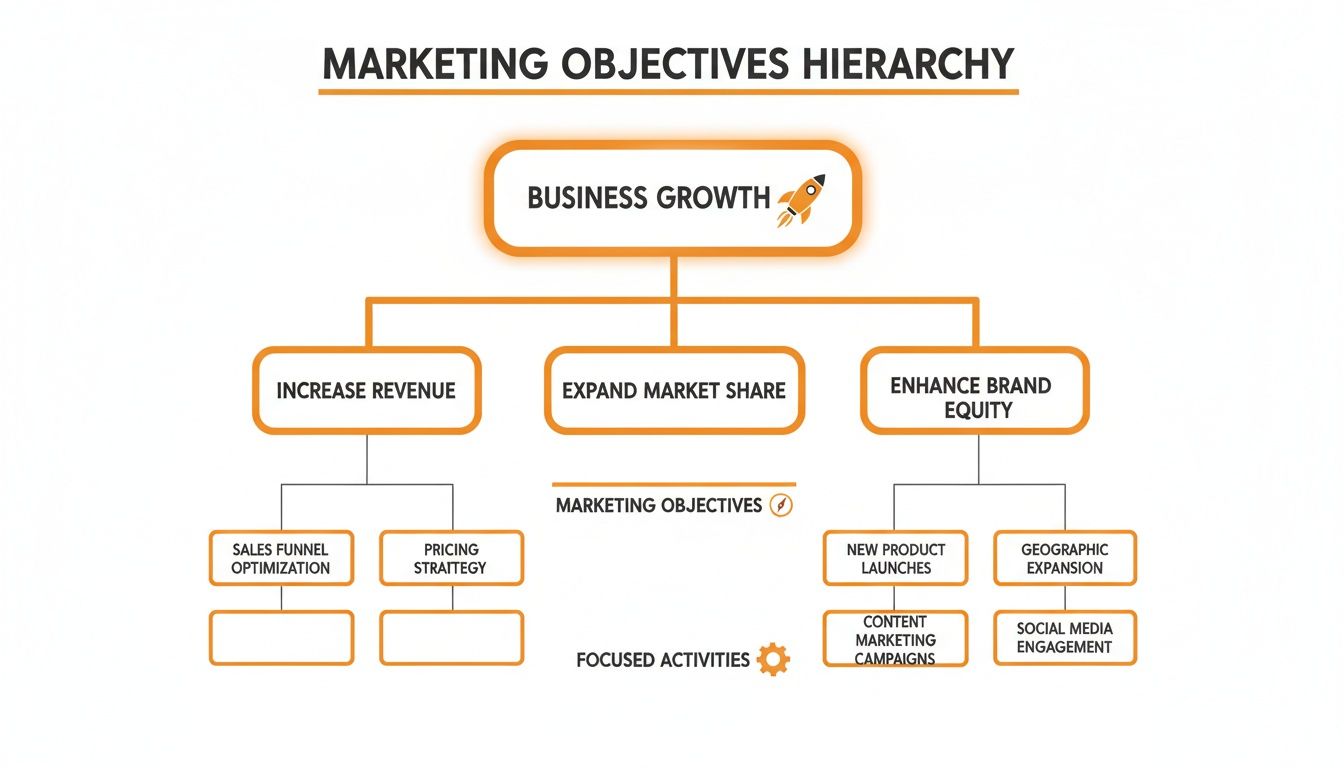 A marketing objectives hierarchy diagram showing business growth goals and their supporting activities.