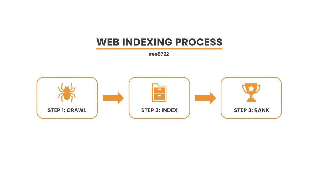 Visual diagram of the web indexing process, showing three steps: crawl (spider), index (cabinet), and rank (trophy).