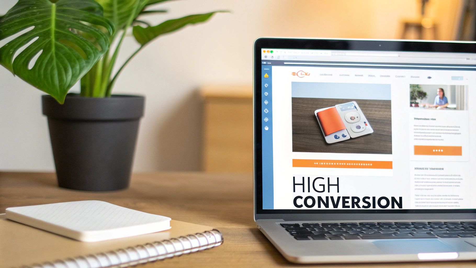 A laptop displaying a 'HIGH CONVERSION' webpage, next to a green plant and notebooks on a wooden desk.