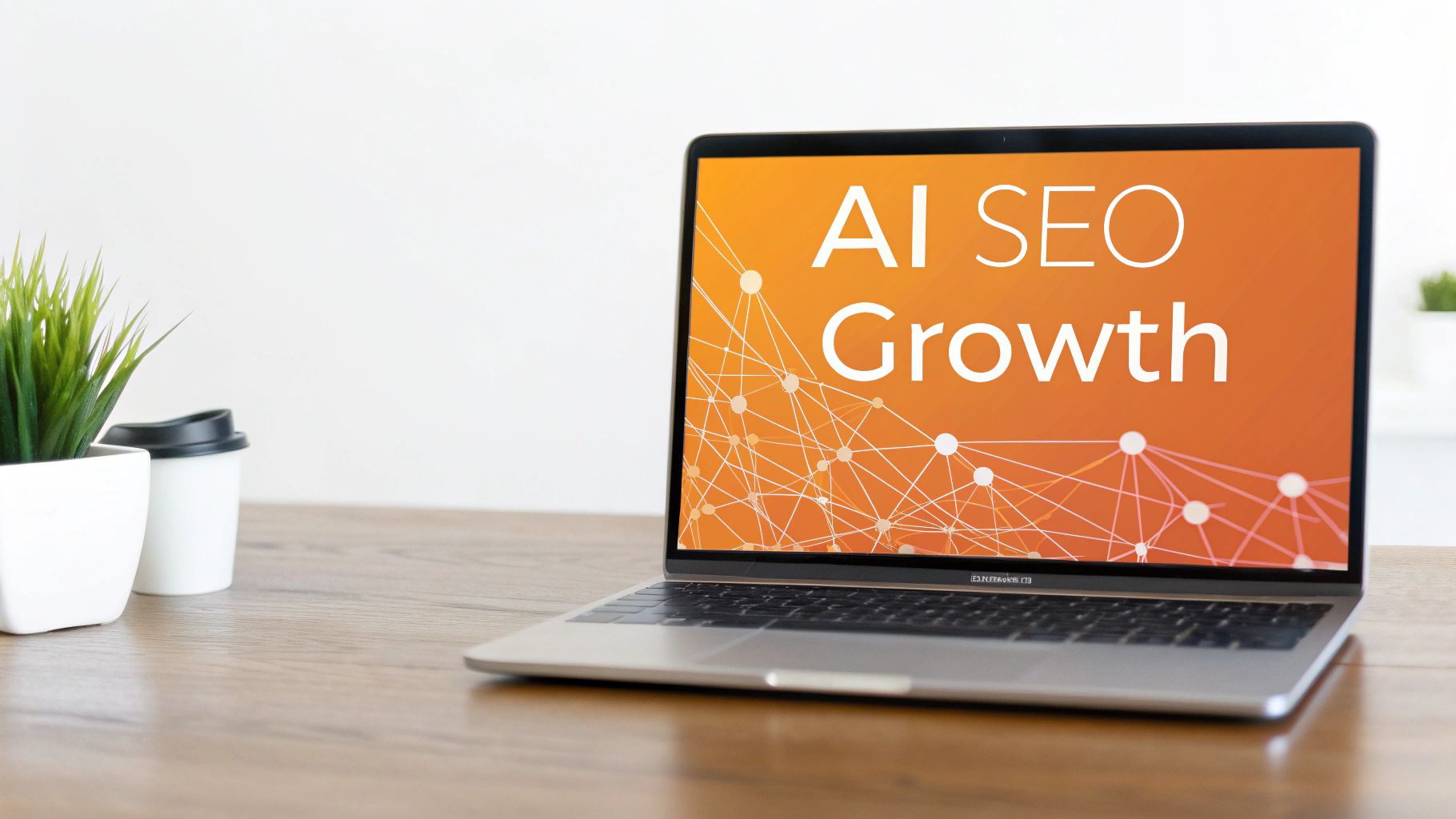A laptop displaying 'AI SEO Growth' on an orange screen, with a plant and cups on a wooden desk.