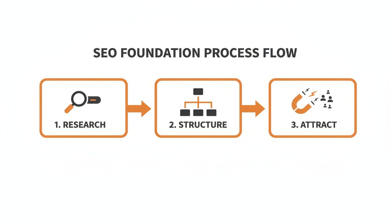 A three-step SEO foundation process flow including research, structure, and attracting audiences.