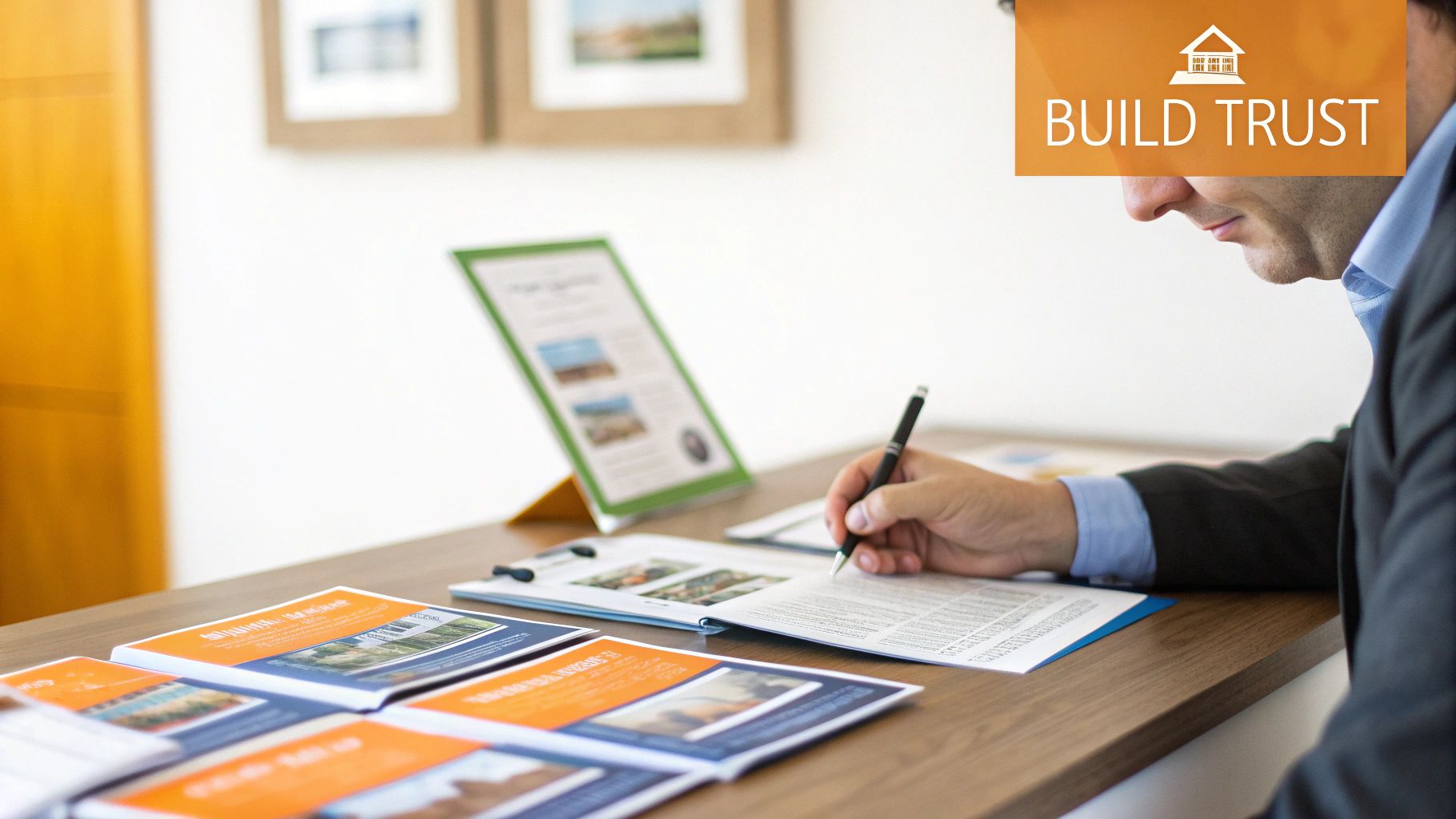Professional signing paperwork at a desk with real estate or insurance brochures and a 'BUILD TRUST' graphic.
