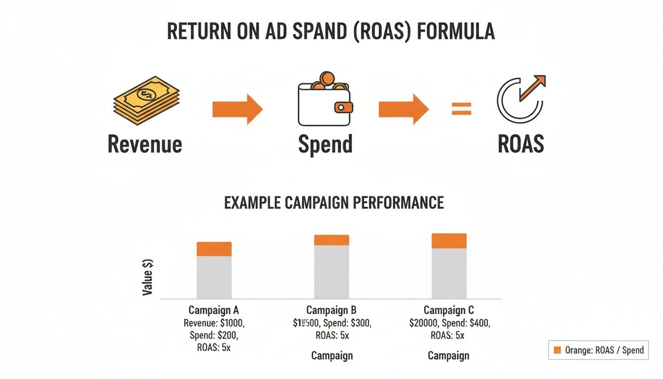 An infographic showing the ROAS formula (Revenue / Spend = ROAS) and three campaign performance examples.