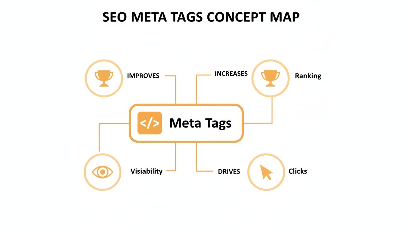 SEO meta tags concept map illustrating their benefits in improving search ranking, visibility, and driving clicks.