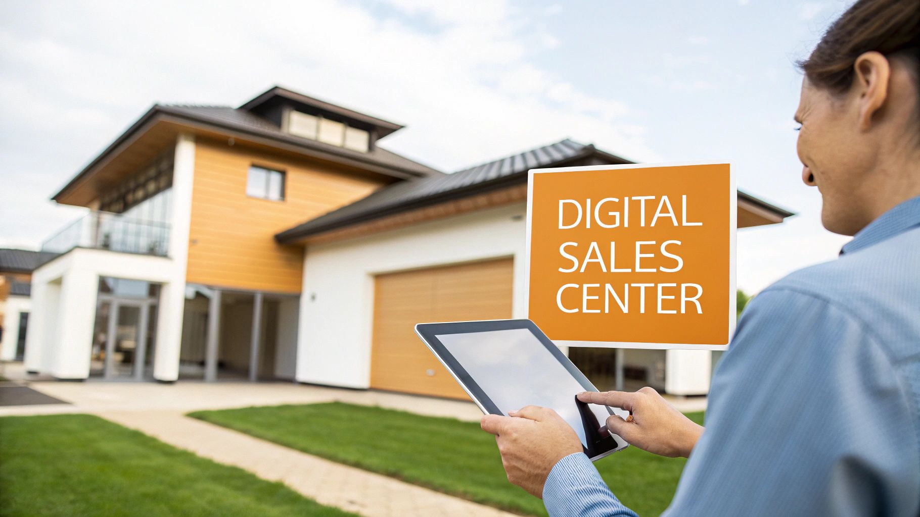 A person uses a tablet in front of a modern house with a 'Digital Sales Center' sign.