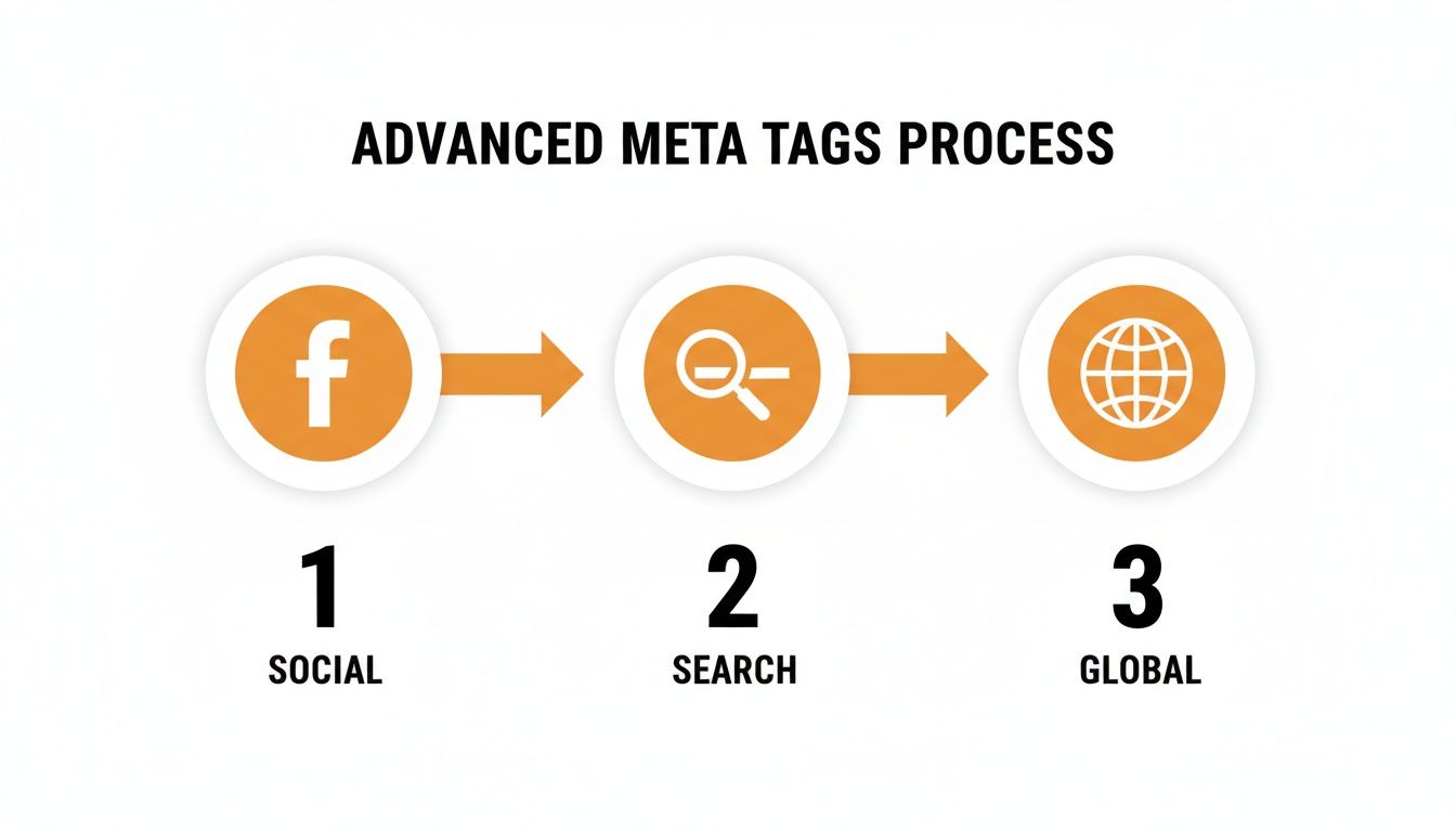 Process diagram illustrates advanced meta tags for social, search, and global optimization stages.