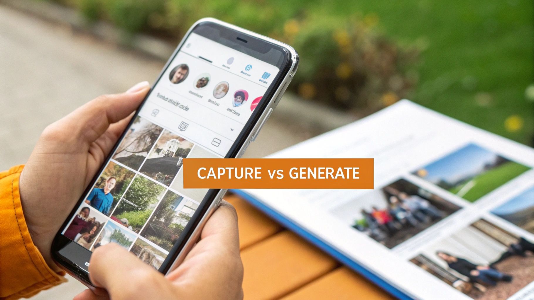 A person holds a smartphone displaying a social media photo gallery, with a 'CAPTURE VS GENERATE' text overlay.