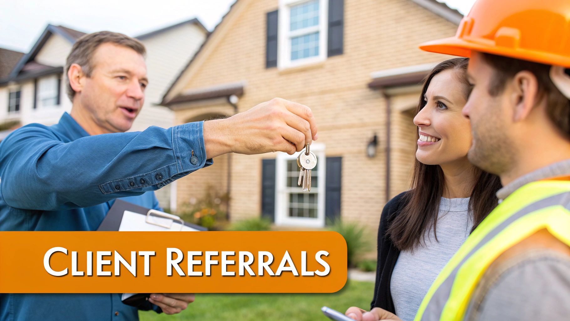A real estate agent hands keys to a happy couple, a homeowner and a construction worker, in front of a new house.