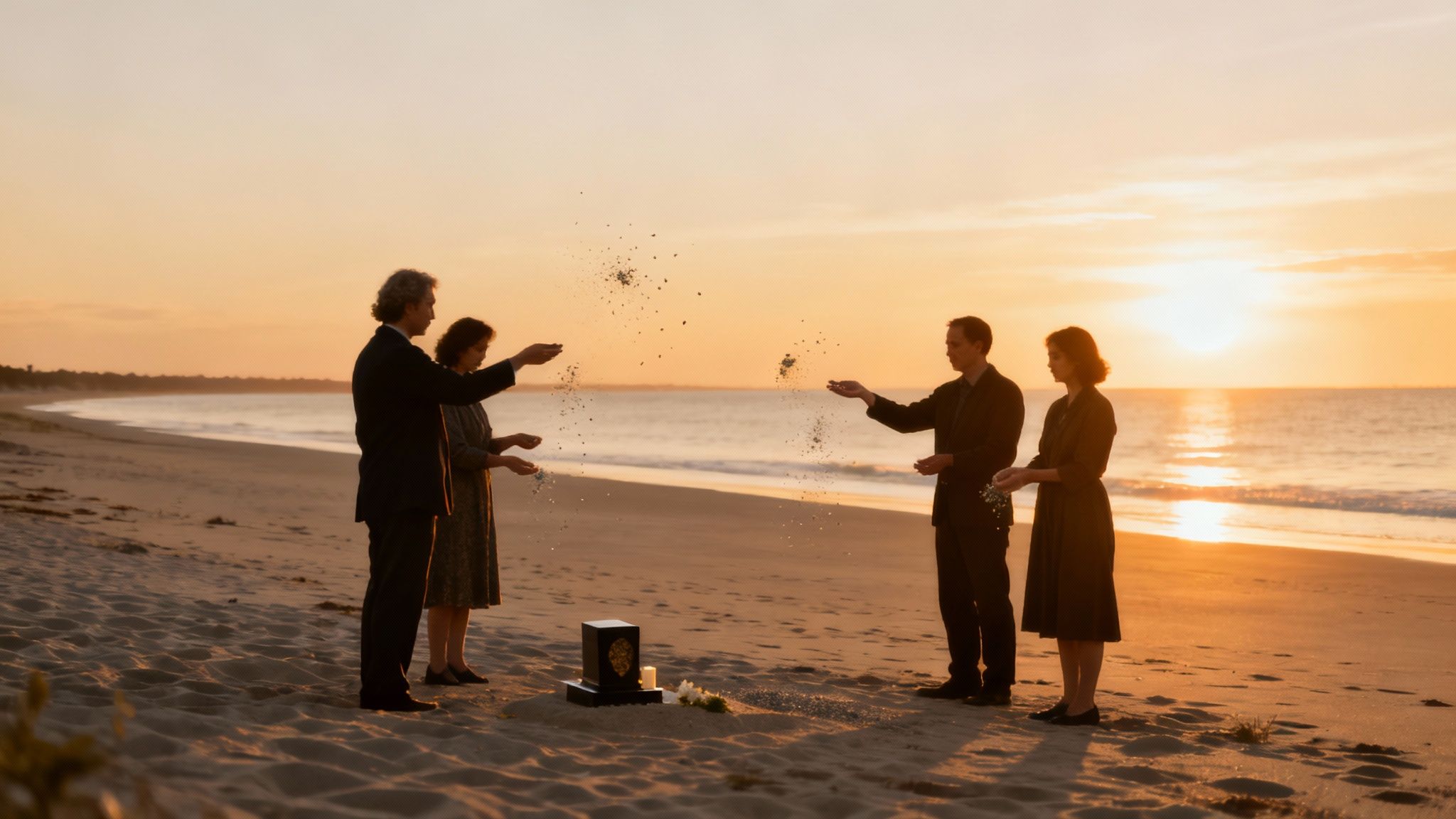 A family gathered on a beach at sunset, honouring a loved one's memory.