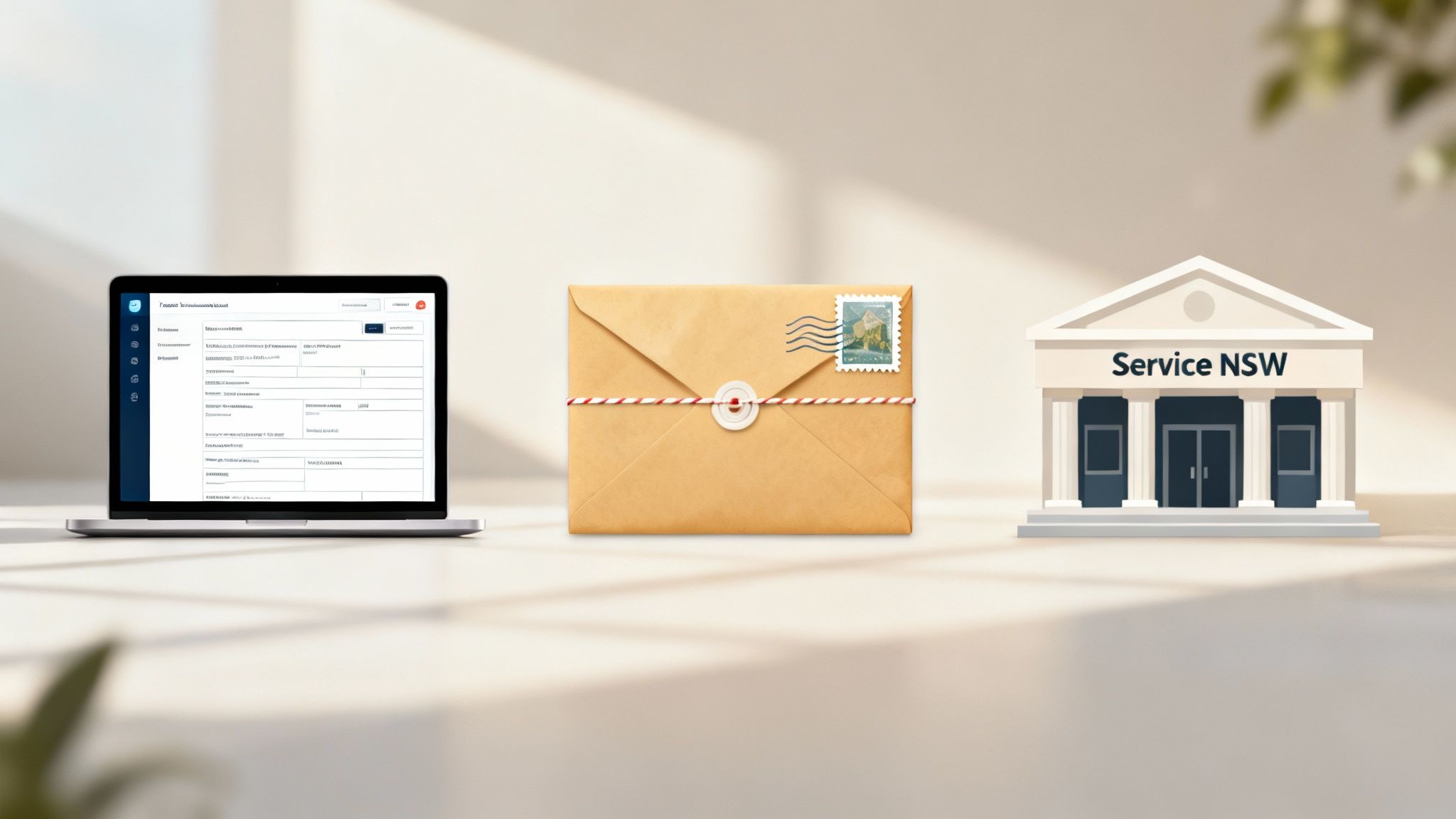 A person sitting at a desk, looking thoughtfully at a laptop, a printed form, and a smartphone, representing the different ways to apply for a death certificate.