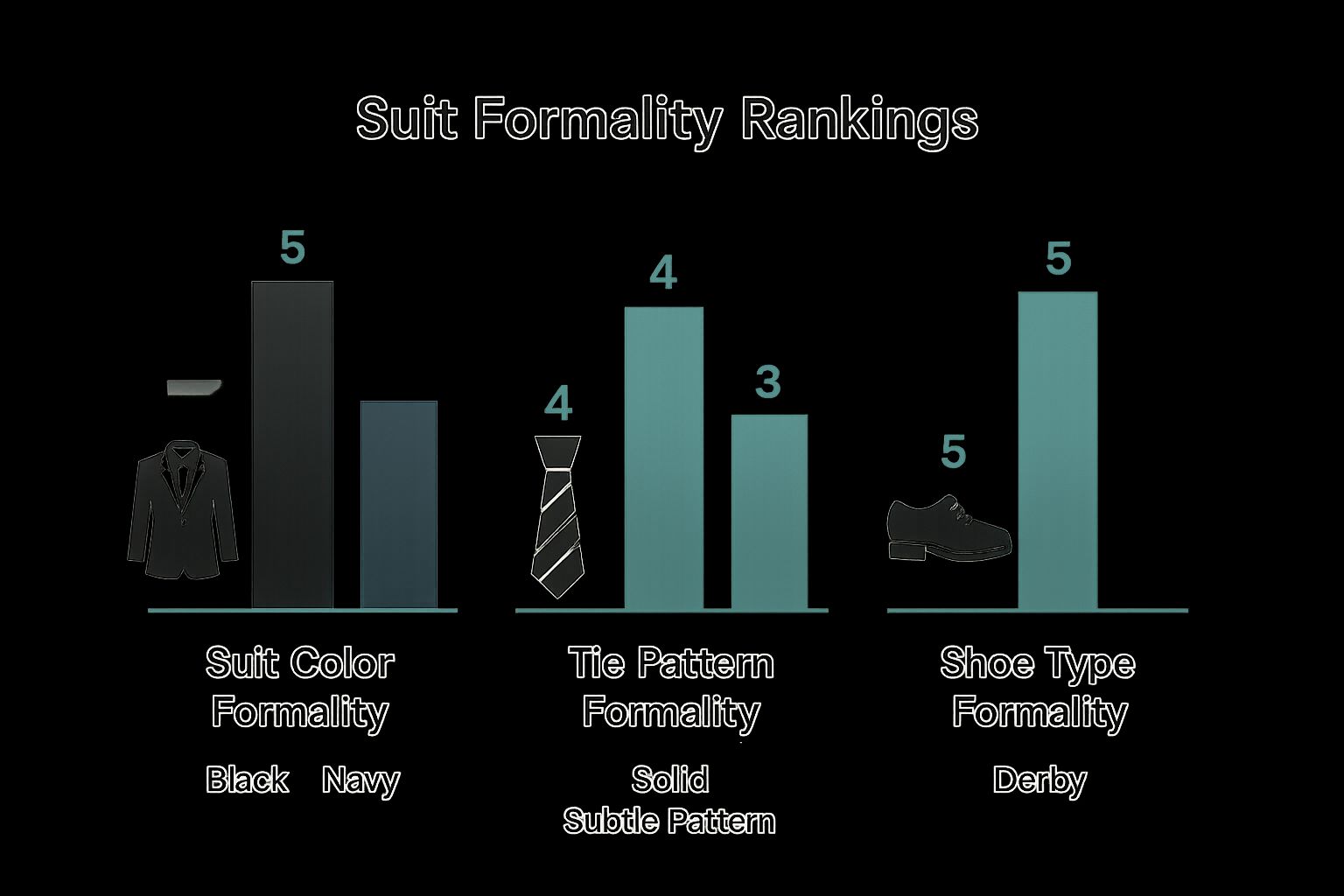 Infographic showing the formality ranking of suit colours, tie patterns, and shoe types for men's funeral wear.