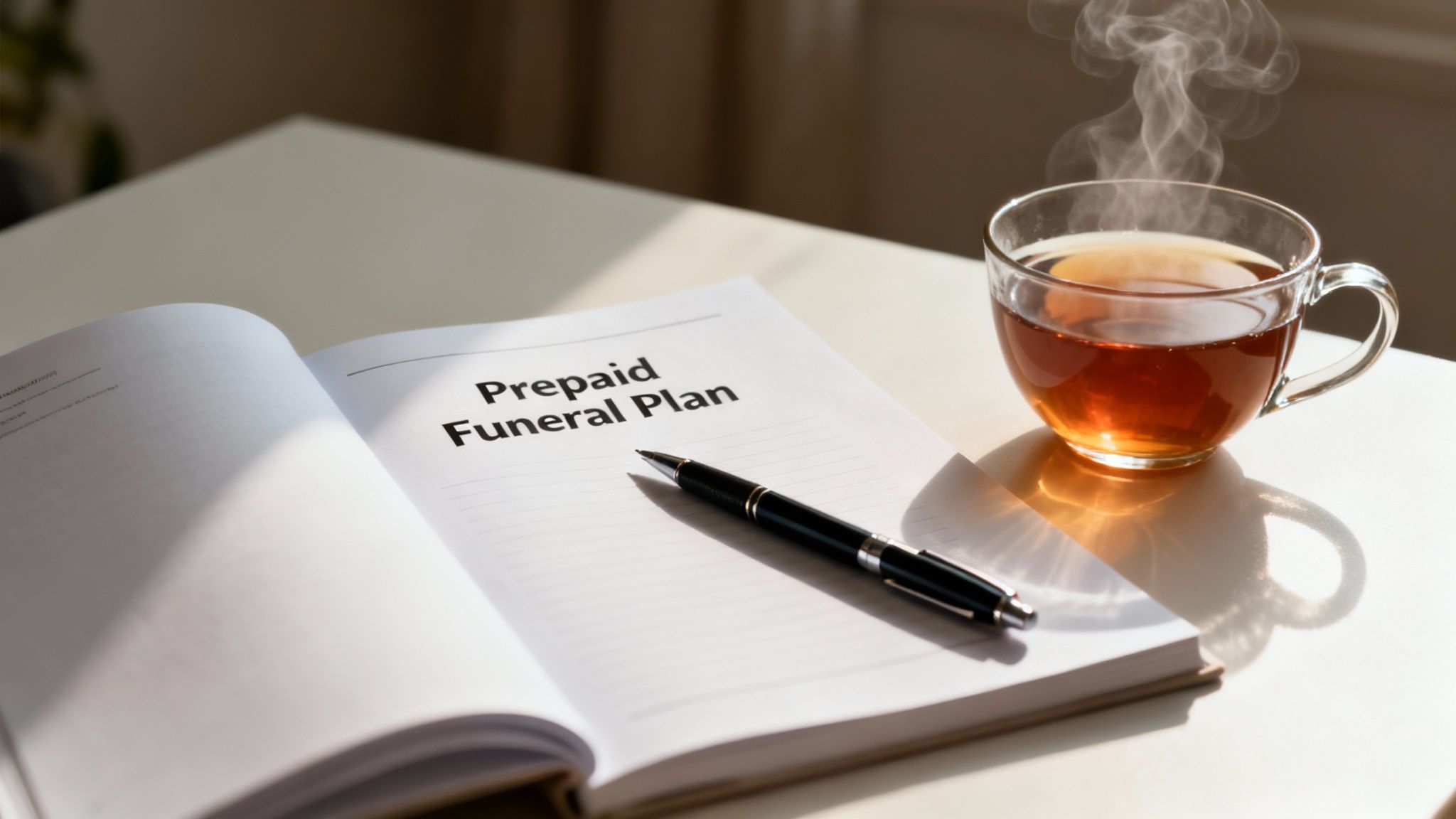A person thoughtfully reviewing documents at a table, representing the planning process for a prepaid funeral.
