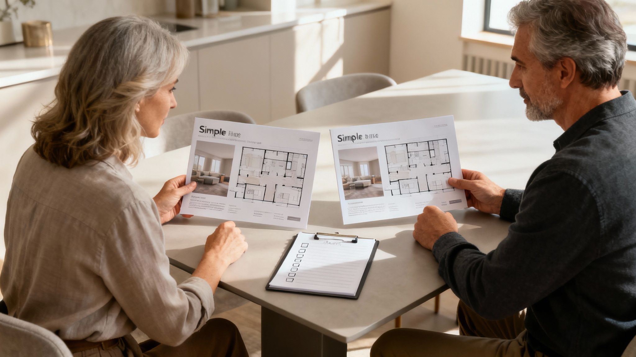 A thoughtful couple sitting together reviewing documents, symbolizing making an informed decision on a prepaid funeral plan.