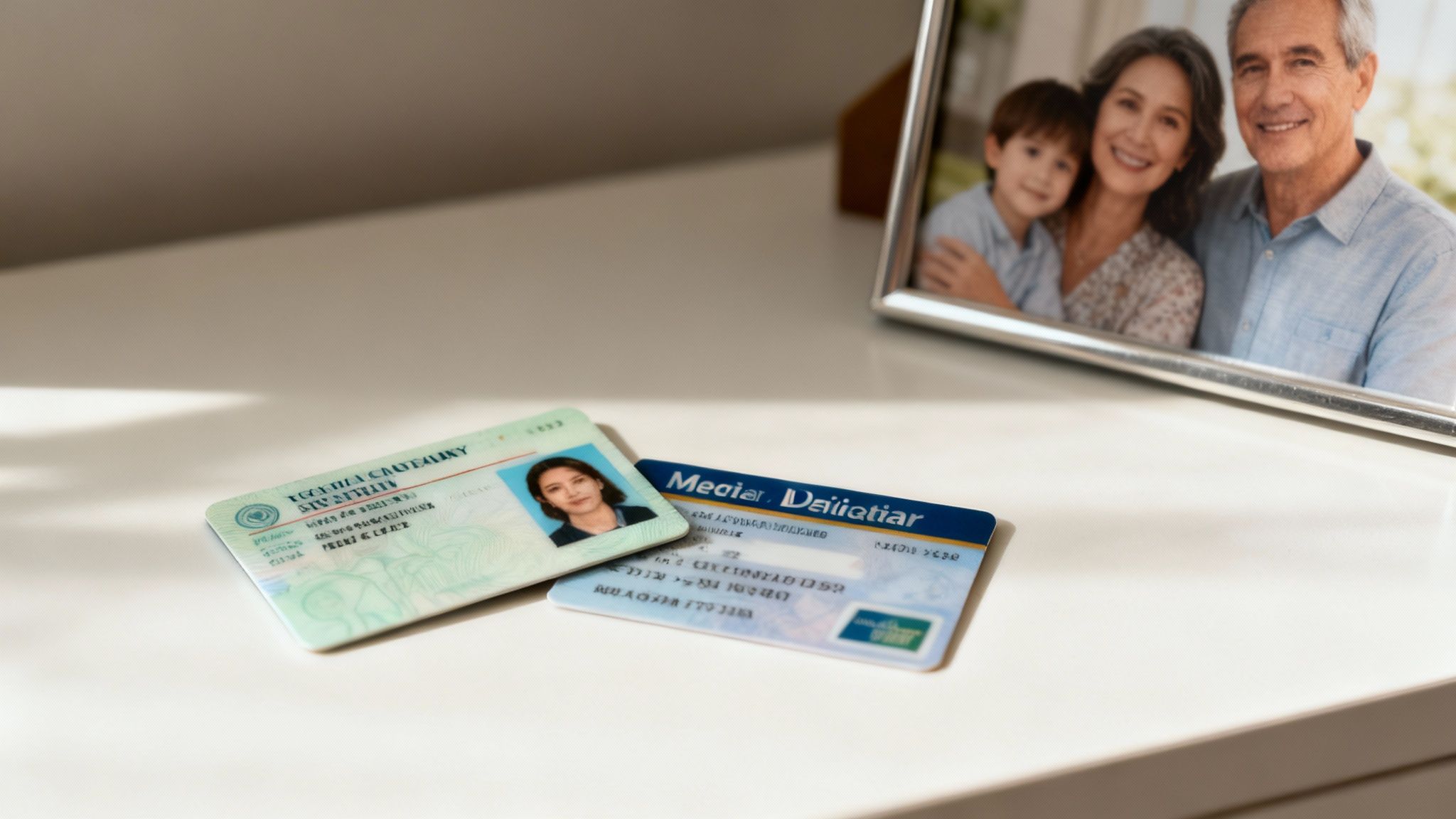 A person's hands holding up identification cards and documents for verification.