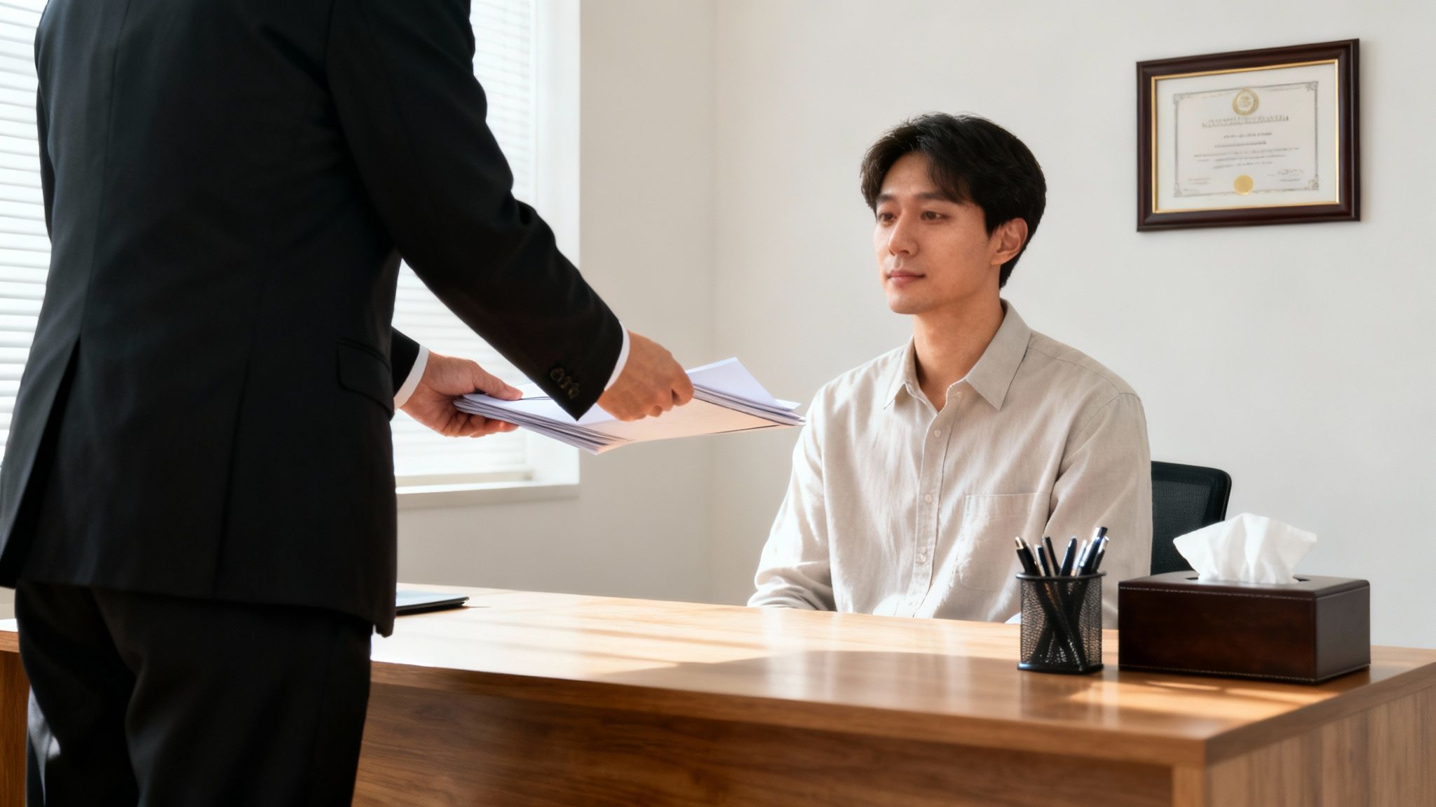 A compassionate funeral director sitting with a family, reviewing documents at a table.