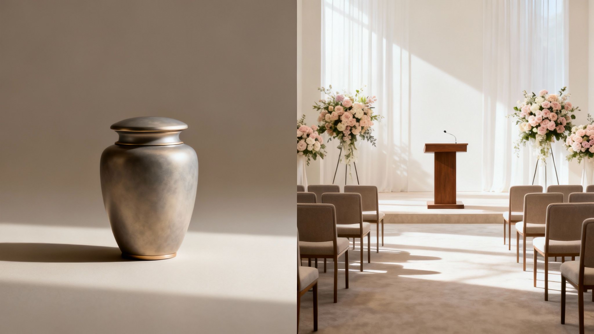 A split-screen image showing a simple urn for a direct cremation and a chapel service for a full funeral