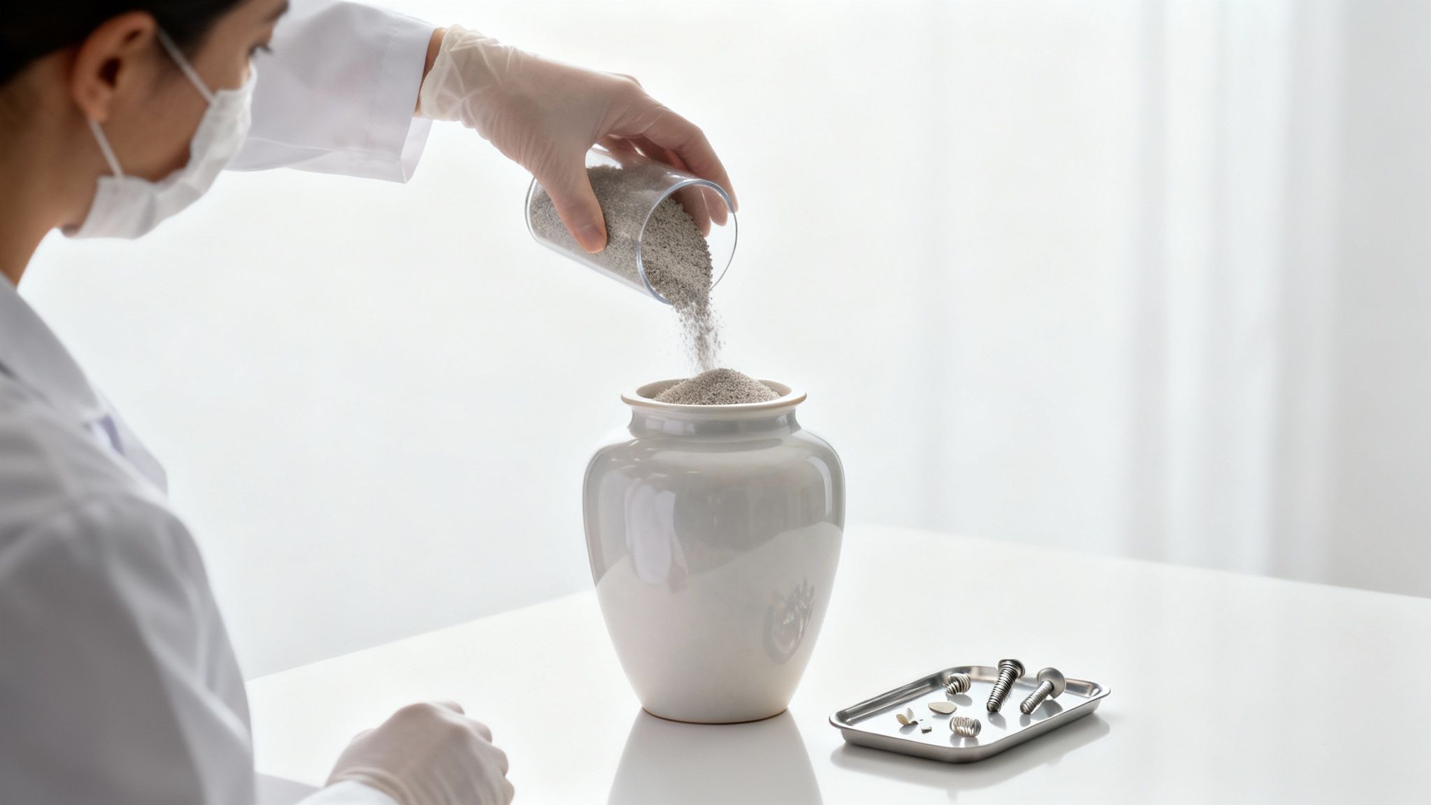 An elegant urn holding ashes sits on a wooden table.
