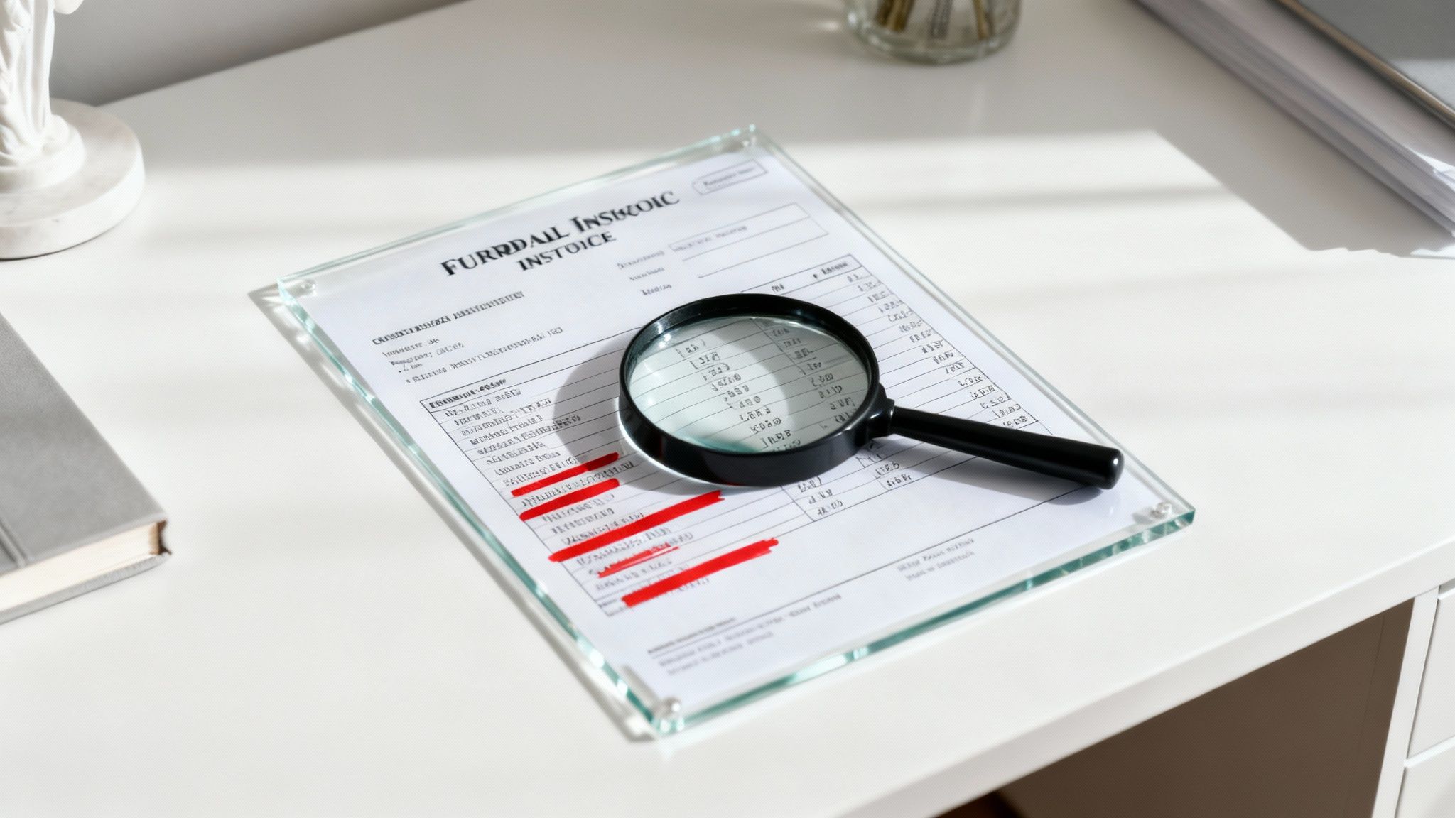A magnifying glass held over a document, symbolising the inspection of a funeral quote for hidden fees.