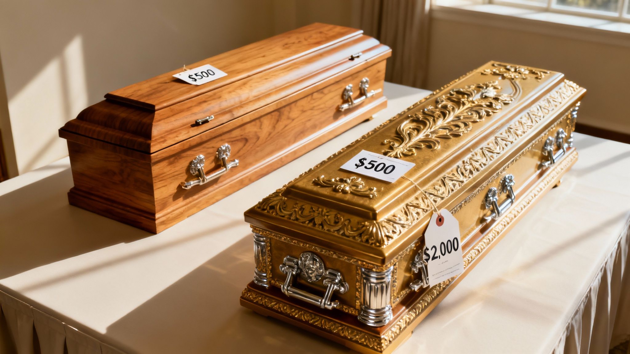 A row of different urns on a shelf, showing various materials and styles.