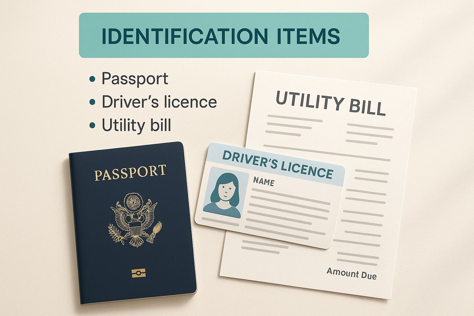 An infographic showing a passport, driver's licence, and utility bill arranged neatly, representing the three forms of ID needed to get a death certificate.