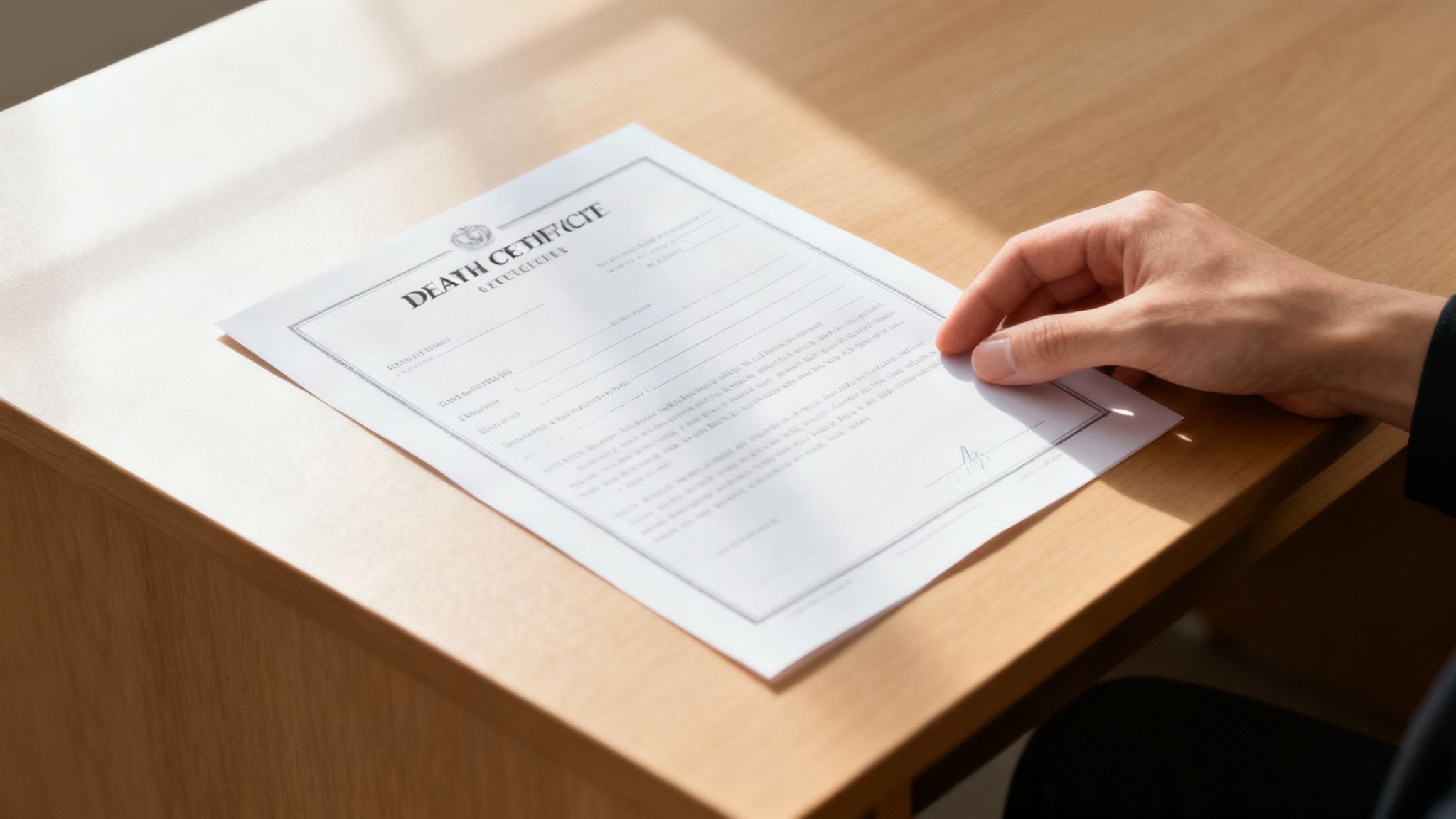 A close-up of an official death certificate document lying on a wooden table