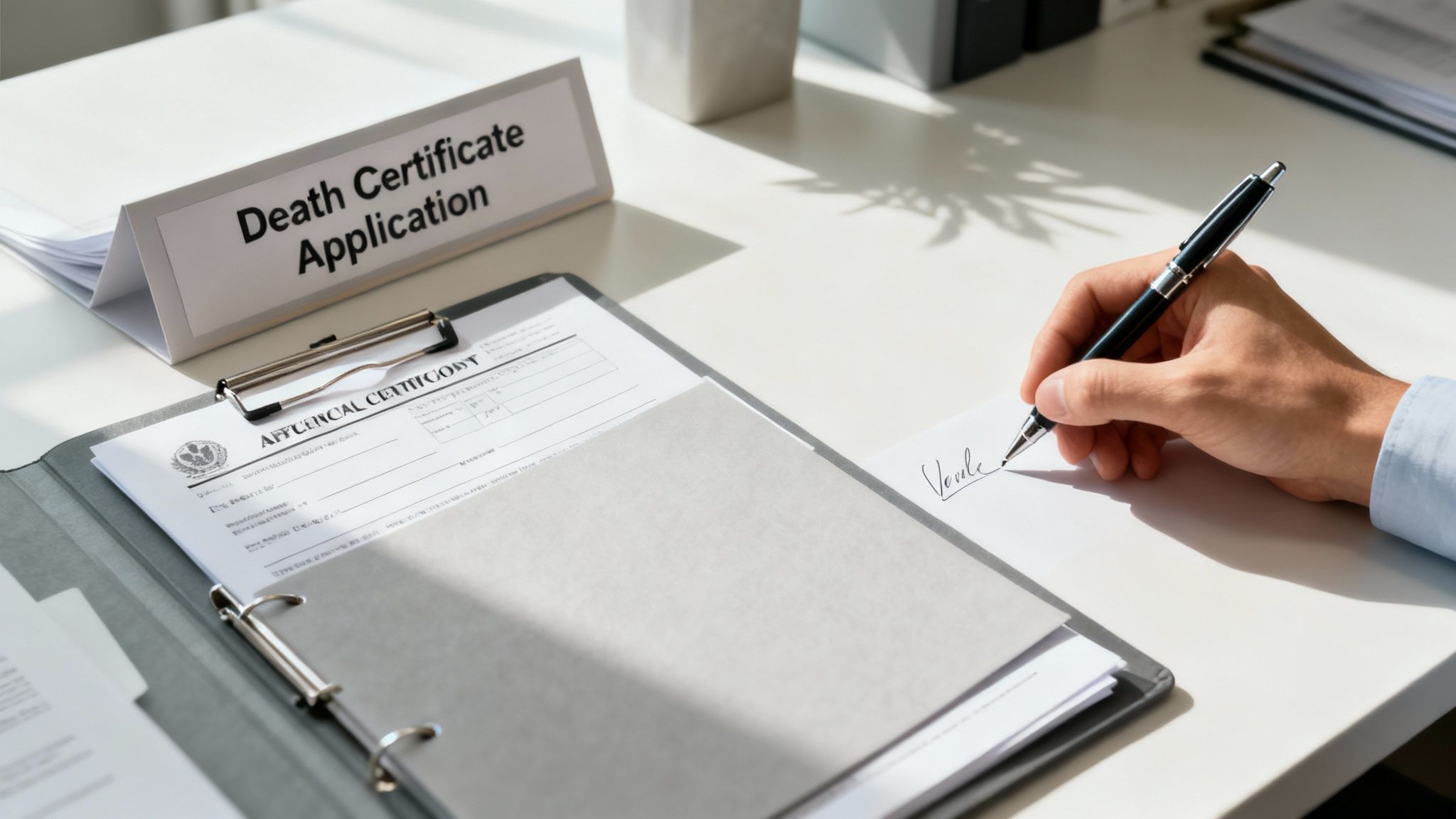 A person's hands holding an official-looking certificate, symbolising the process of obtaining a death certificate.