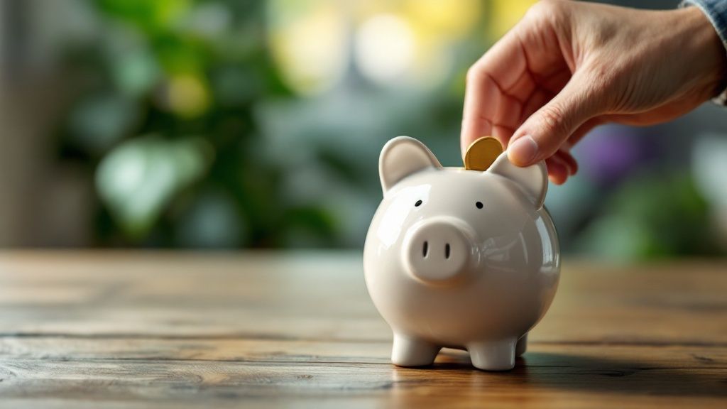 A person carefully placing coins into a glass jar to save for the future.