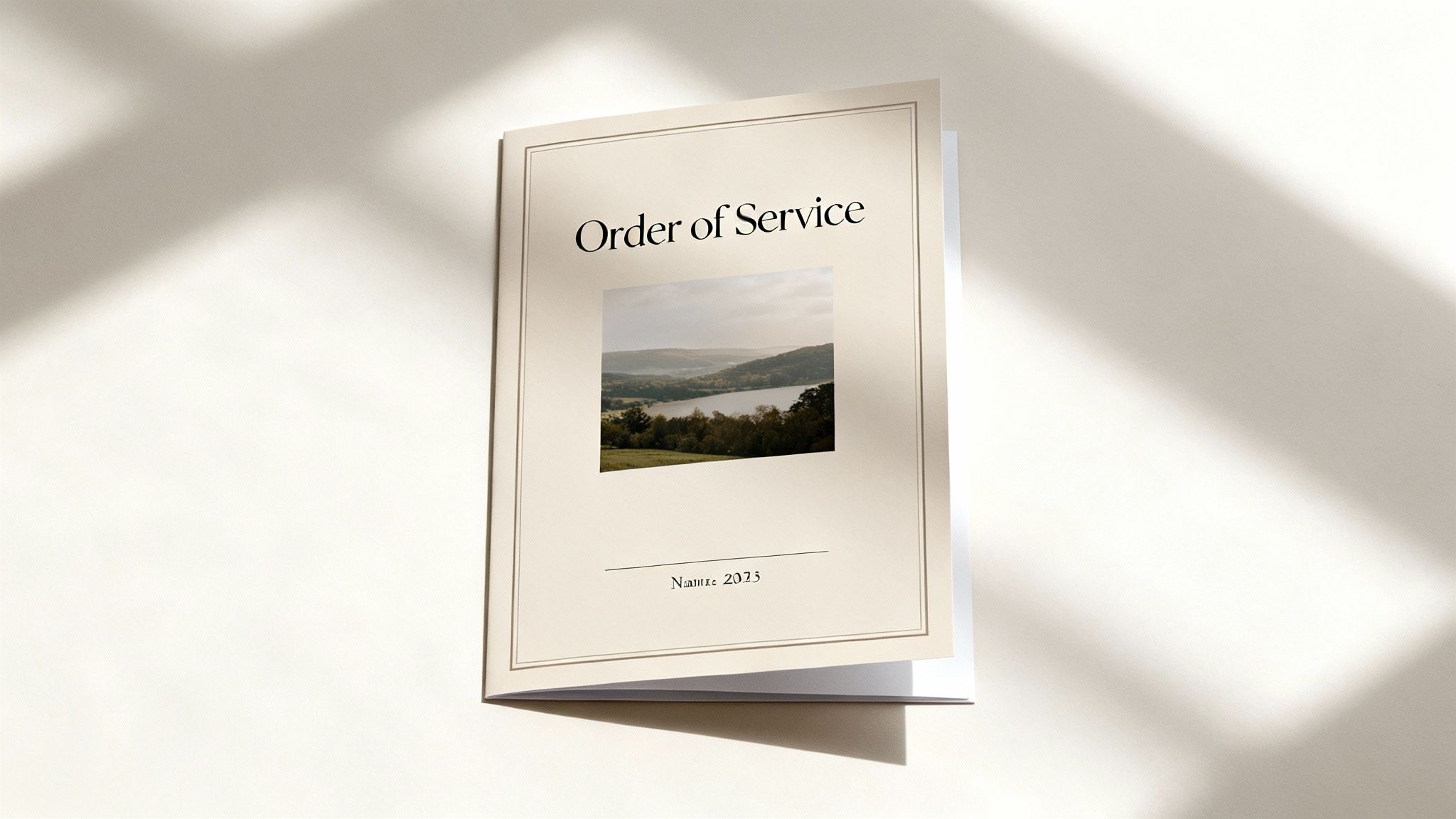 A close-up of a person's hands holding a printed funeral order of service booklet, with a gentle, respectful atmosphere.