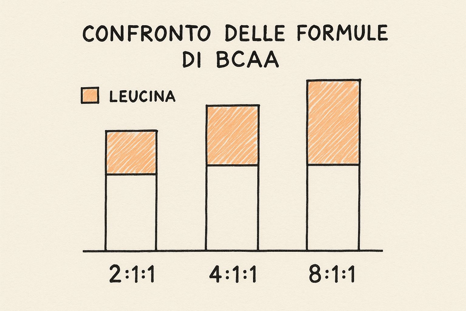 Infografica che mostra la proporzione di leucina nei rapporti di BCAA 2:1:1, 4:1:1 e 8:1:1.