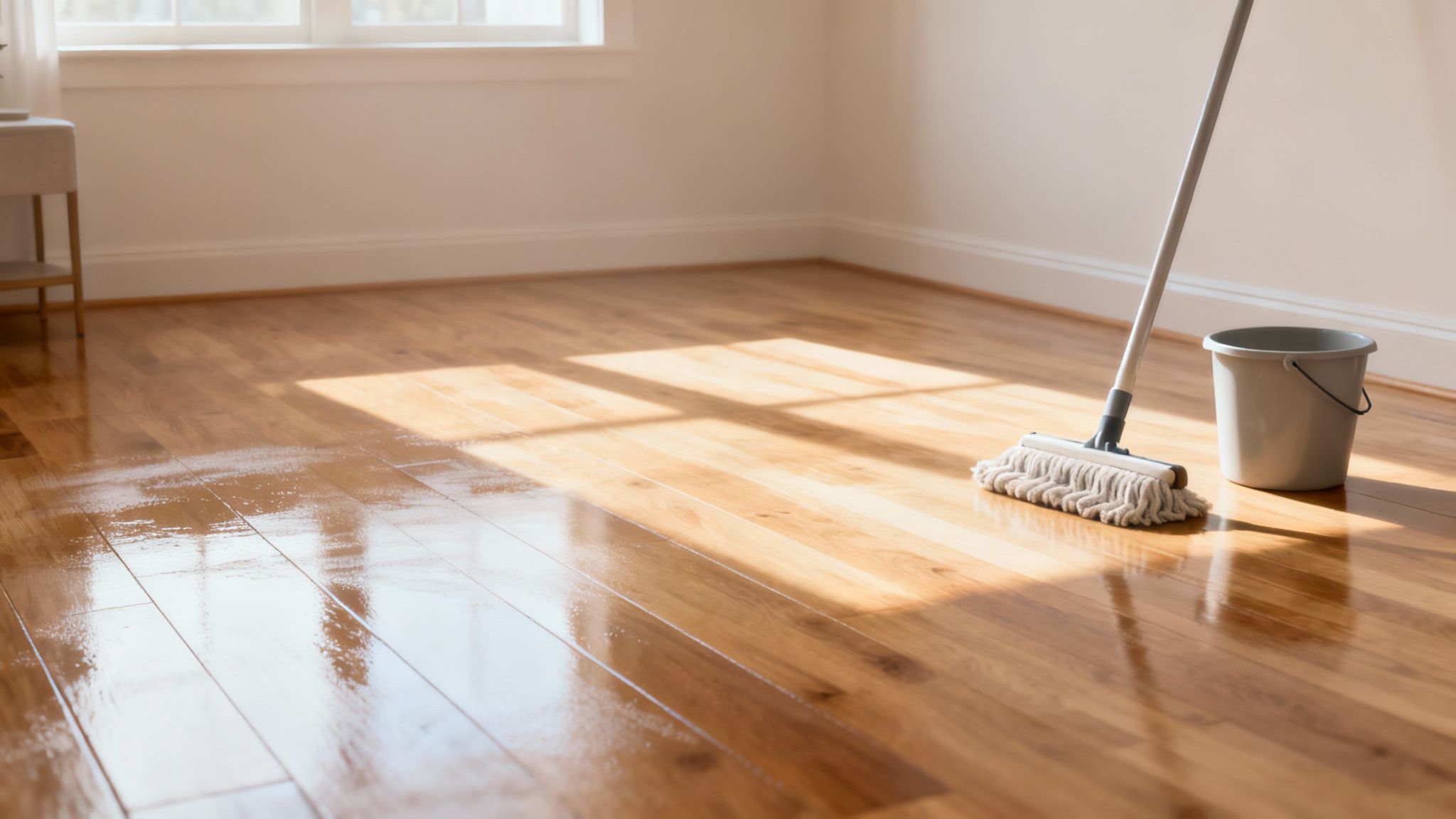 A professional cleaner using a steam mop on a hardwood floor, demonstrating a deep cleaning process.