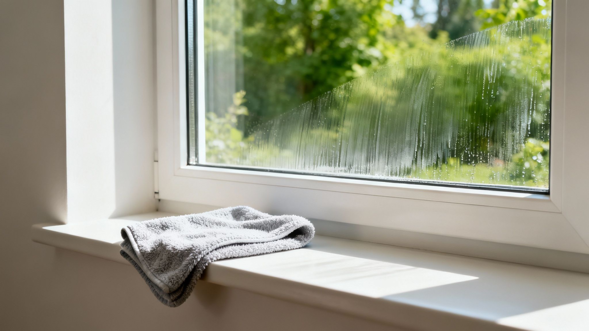 A person using a squeegee to clean a large window, leaving a streak-free shine.