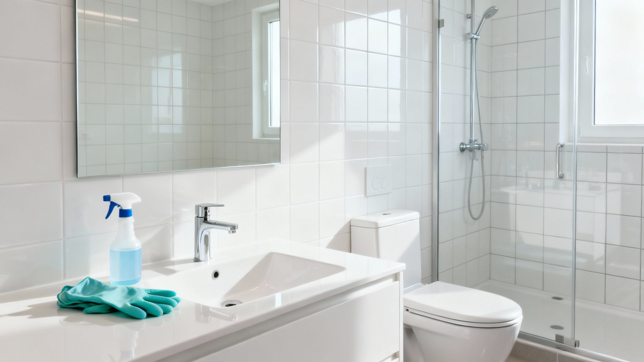 A person in blue gloves disinfecting a modern bathroom sink and faucet with a spray bottle and microfiber cloth