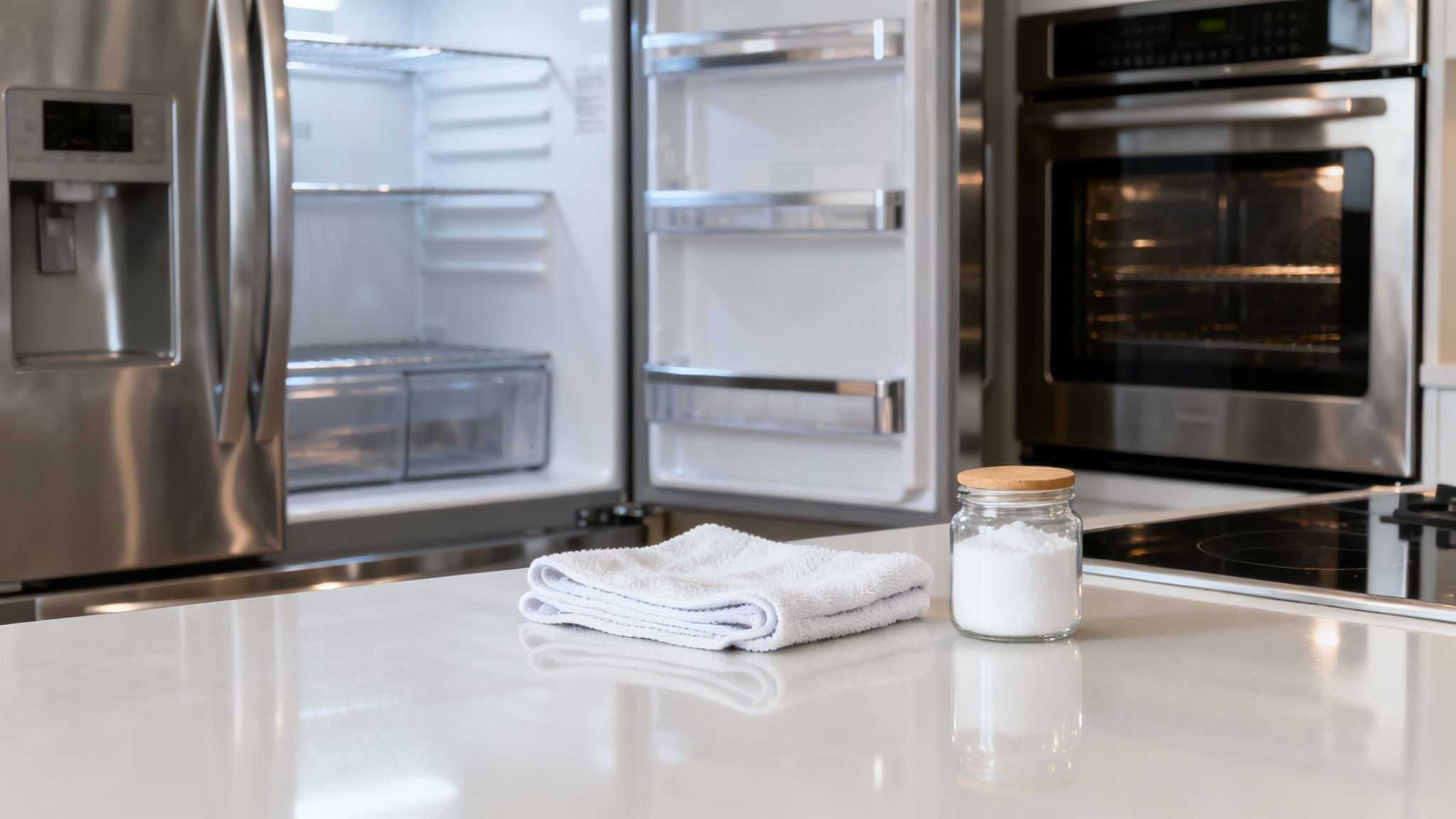 A person deep cleaning the interior of a refrigerator with a spray bottle and cloth