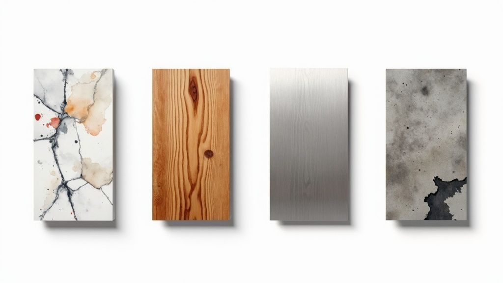 A detailed shot of various vinyl wrap finishes, showcasing wood, marble, and metallic textures
