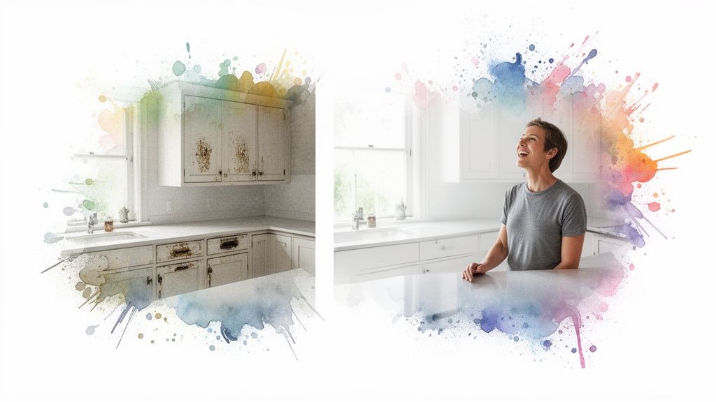 Two kitchen views, one rustic, one modern with a happy woman, framed by vibrant watercolor splashes.