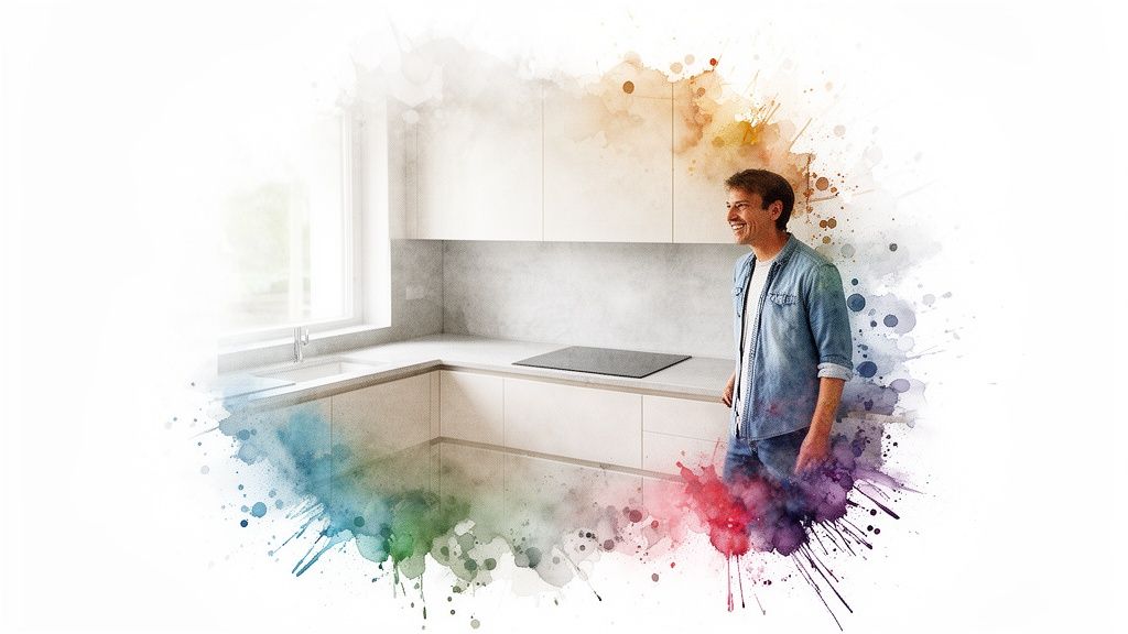 A happy man smiling in a bright, modern kitchen with white cabinets, surrounded by colorful watercolor splashes.