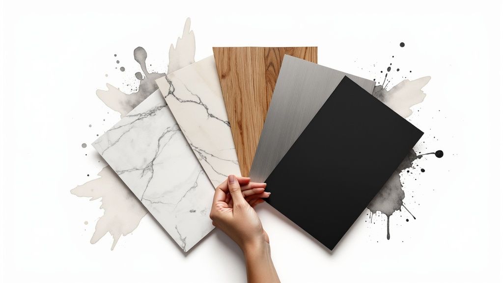 A bathroom with stylishly wrapped grey marble walls and vanity.